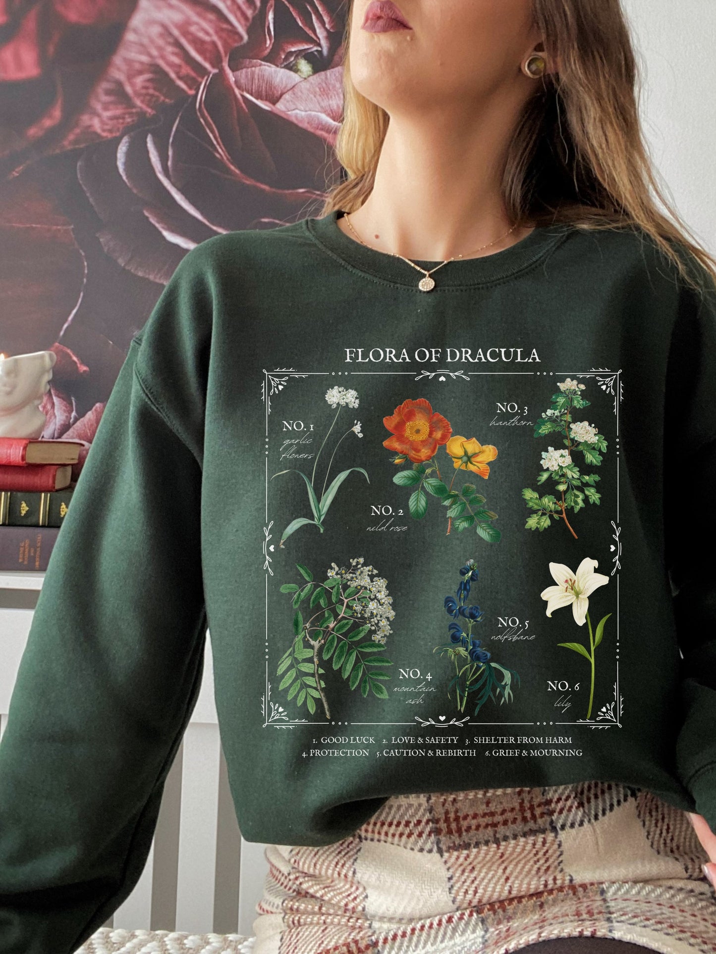 Flora of Dracula Literary Flower Chart * Herbology Floral Sweatshirt Bookish Bookworm Gift Bram Stoker Poet Literature Dark Gothic Academia