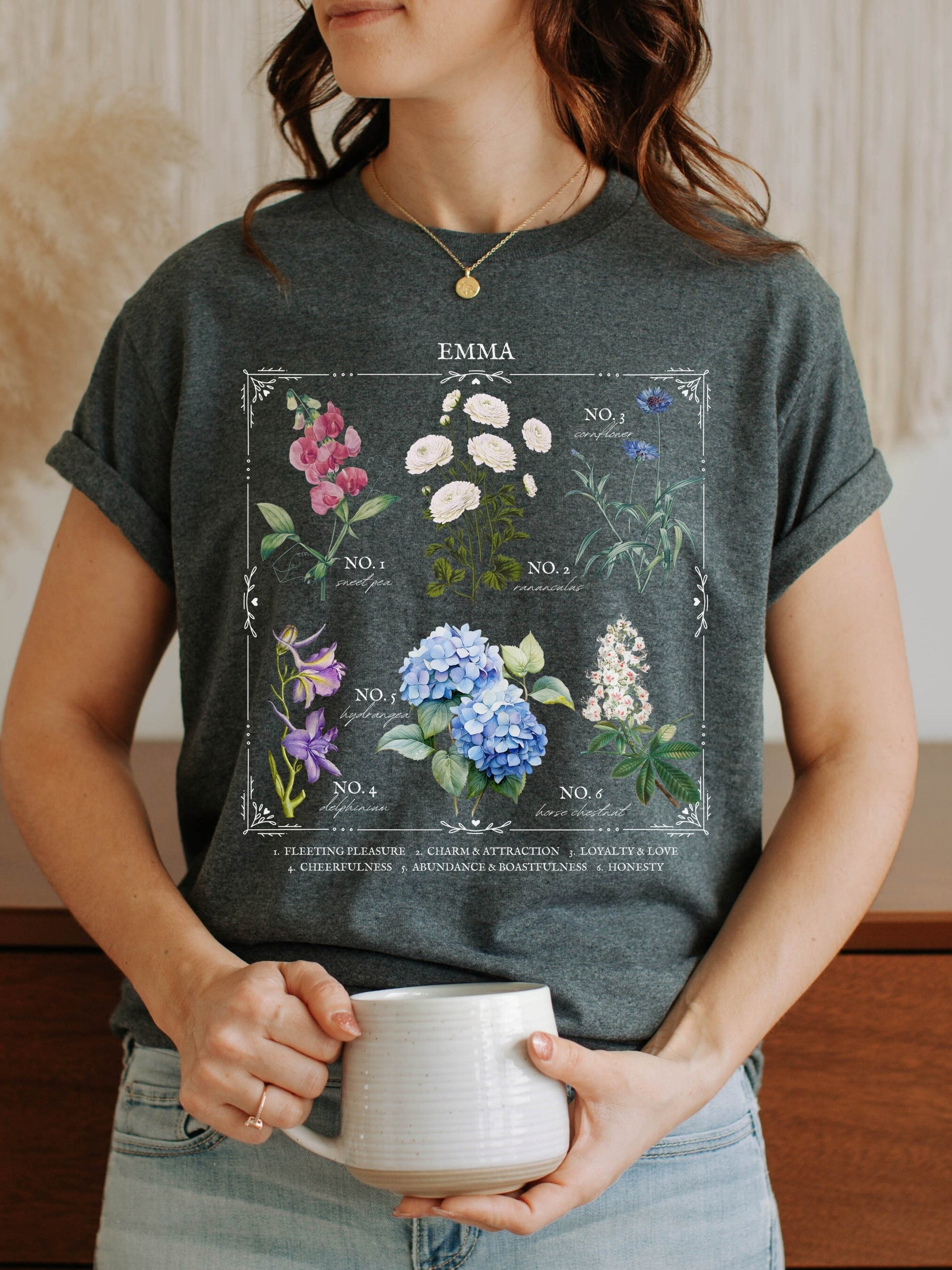 Jane Austen Emma Literary Flower Chart Tee Shirt * Herbology Cottagecore Academia Literature Subtle Bookish Book Fandom Merch Lover Gift