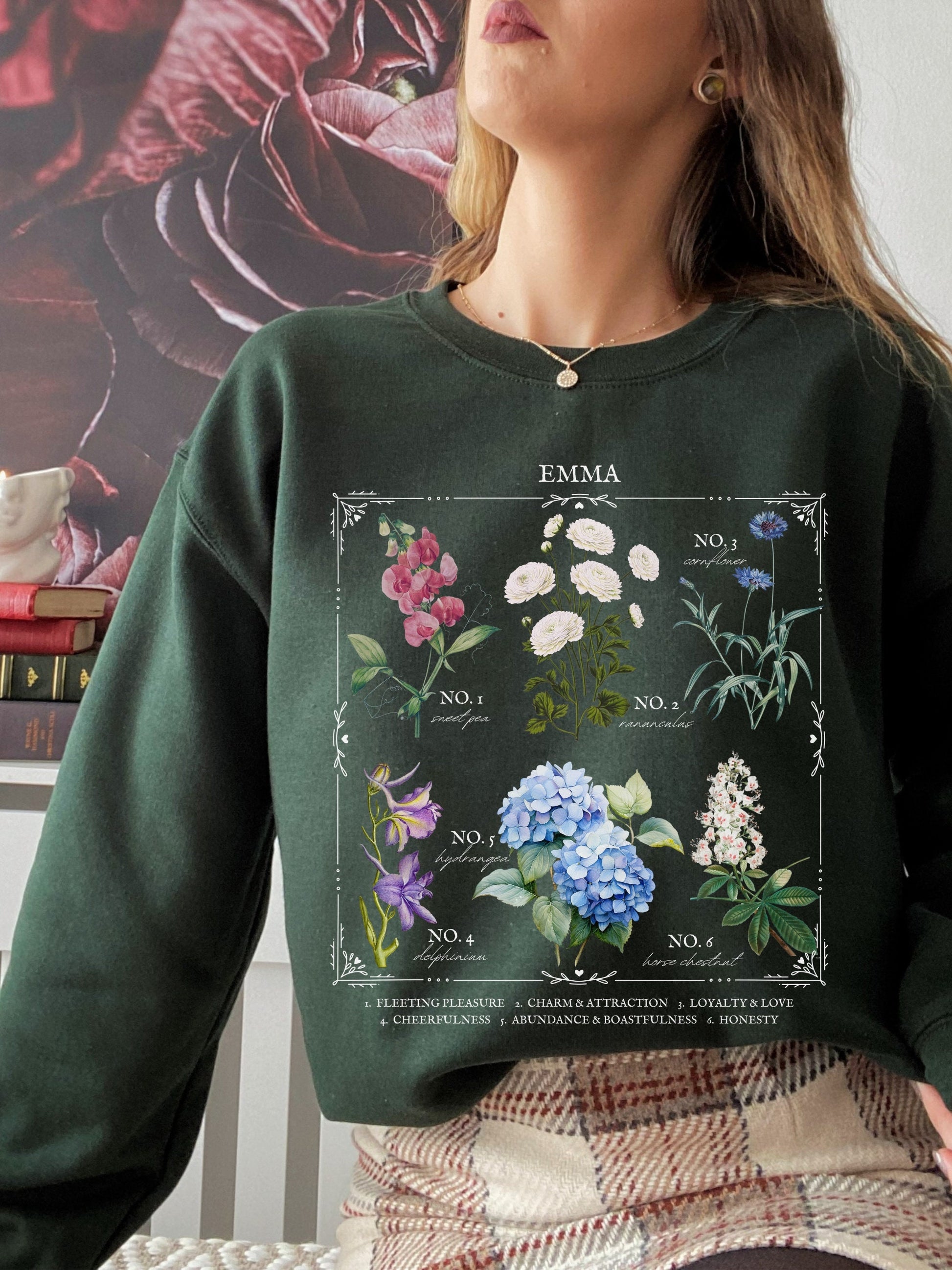 Jane Austen Emma Literary Flower Chart Sweatshirt * Herbology Cottagecore Academia Literature Subtle Bookish Book Fandom Merch Lover Gift