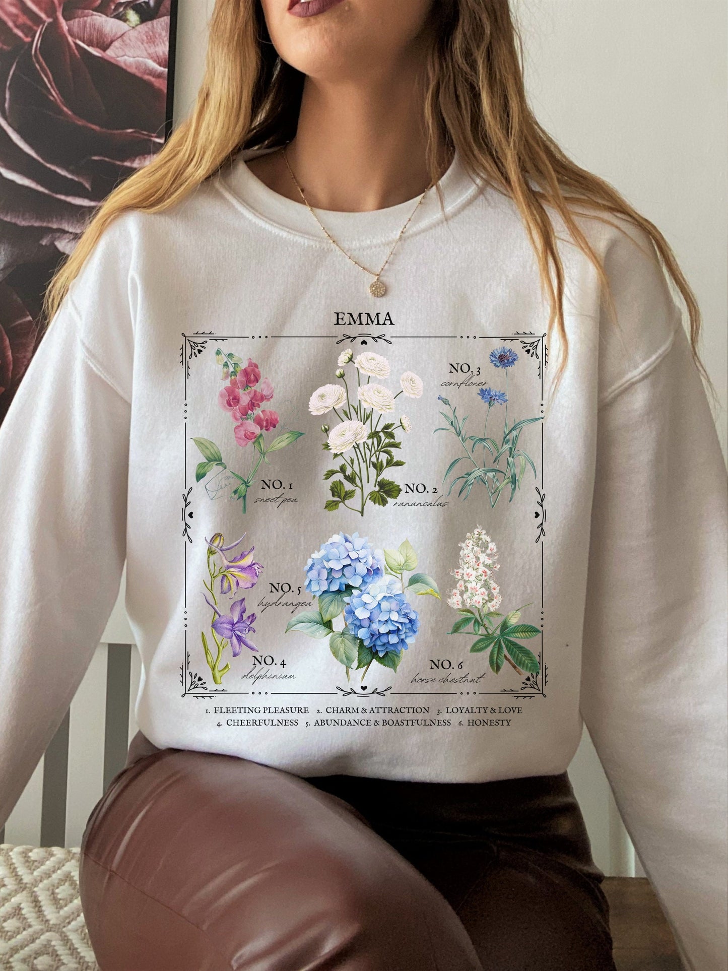 Jane Austen Emma Literary Flower Chart Sweatshirt * Herbology Cottagecore Academia Literature Subtle Bookish Book Fandom Merch Lover Gift