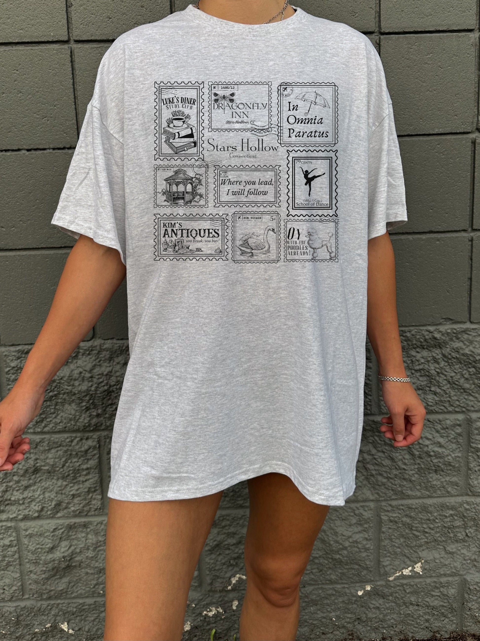 Stars Hollow Stamp Collection Tee Shirt Tshirt * Luke's Diner Dragonfly Inn In Omnia Paratus Postcard Book Lover Fandom Merch Bookish Gift