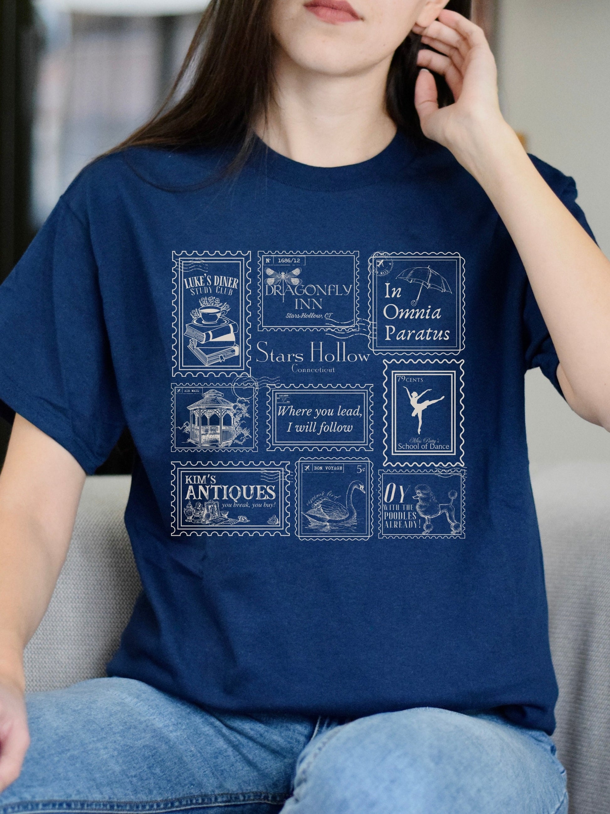 Stars Hollow Stamp Collection Tee Shirt Tshirt * Luke's Diner Dragonfly Inn In Omnia Paratus Postcard Book Lover Fandom Merch Bookish Gift