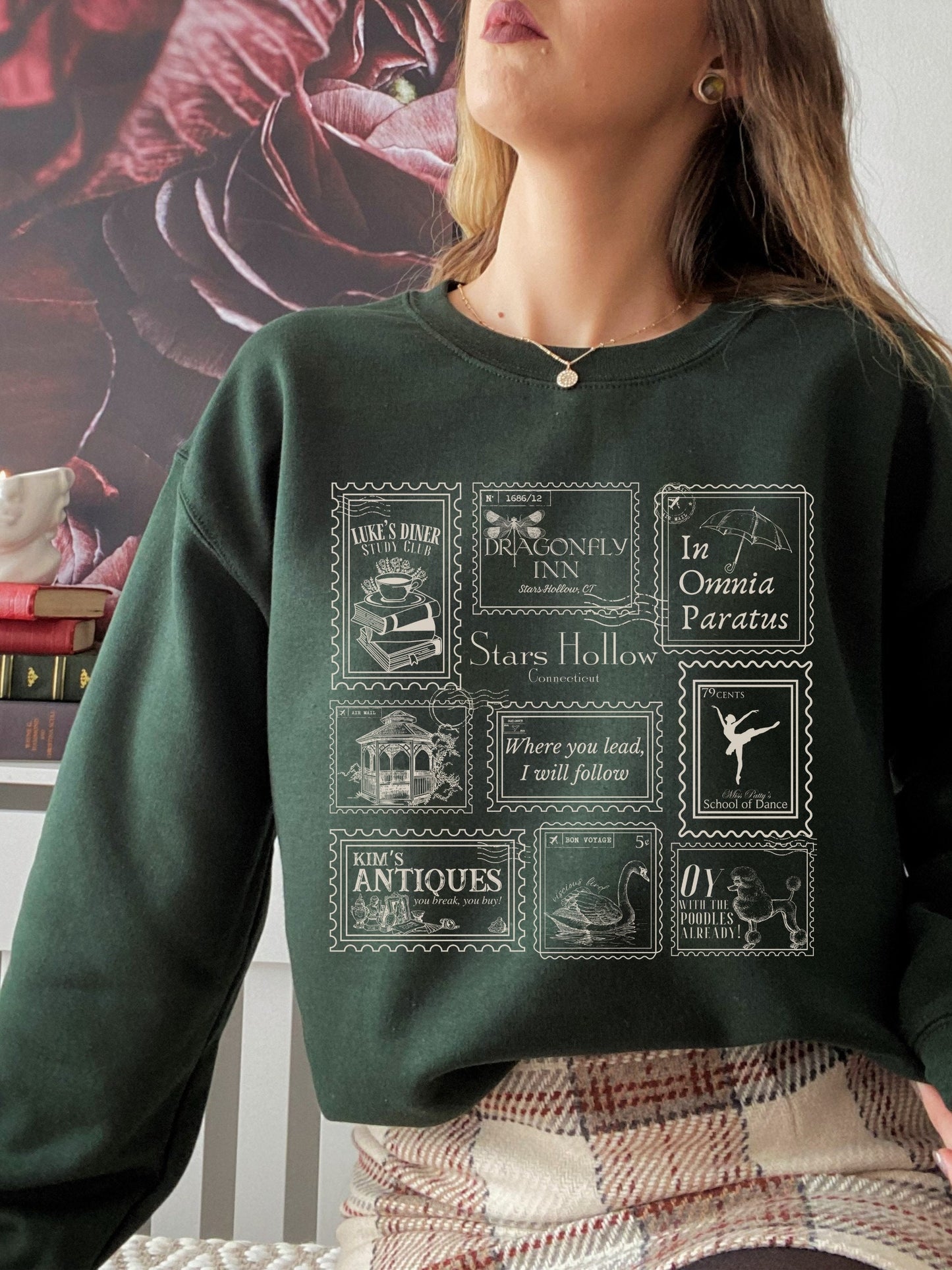 Stars Hollow Stamp Collection Sweatshirt * Luke's Diner Dragonfly Inn Rory In Omnia Paratus Postcard Book Lover Fandom Merch Bookish Gift