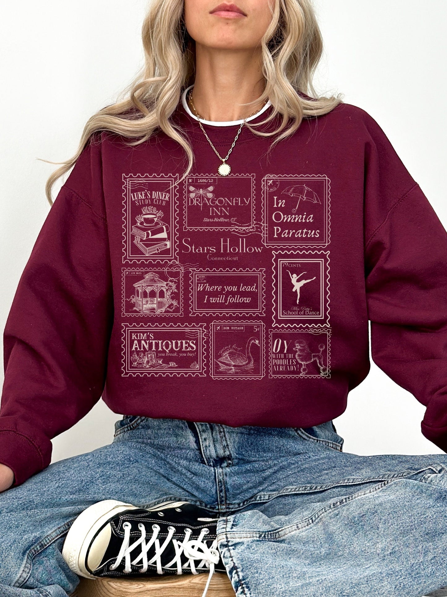 Stars Hollow Stamp Collection Sweatshirt * Luke's Diner Dragonfly Inn Rory In Omnia Paratus Postcard Book Lover Fandom Merch Bookish Gift