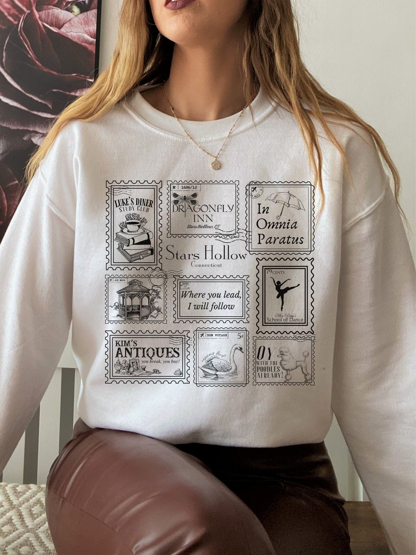 Stars Hollow Stamp Collection Sweatshirt * Luke's Diner Dragonfly Inn Rory In Omnia Paratus Postcard Book Lover Fandom Merch Bookish Gift