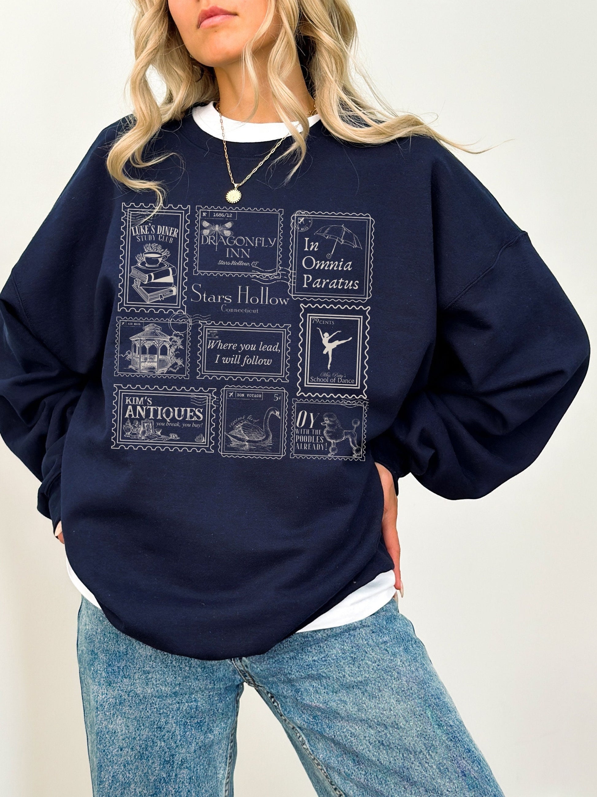 Stars Hollow Stamp Collection Sweatshirt * Luke's Diner Dragonfly Inn Rory In Omnia Paratus Postcard Book Lover Fandom Merch Bookish Gift