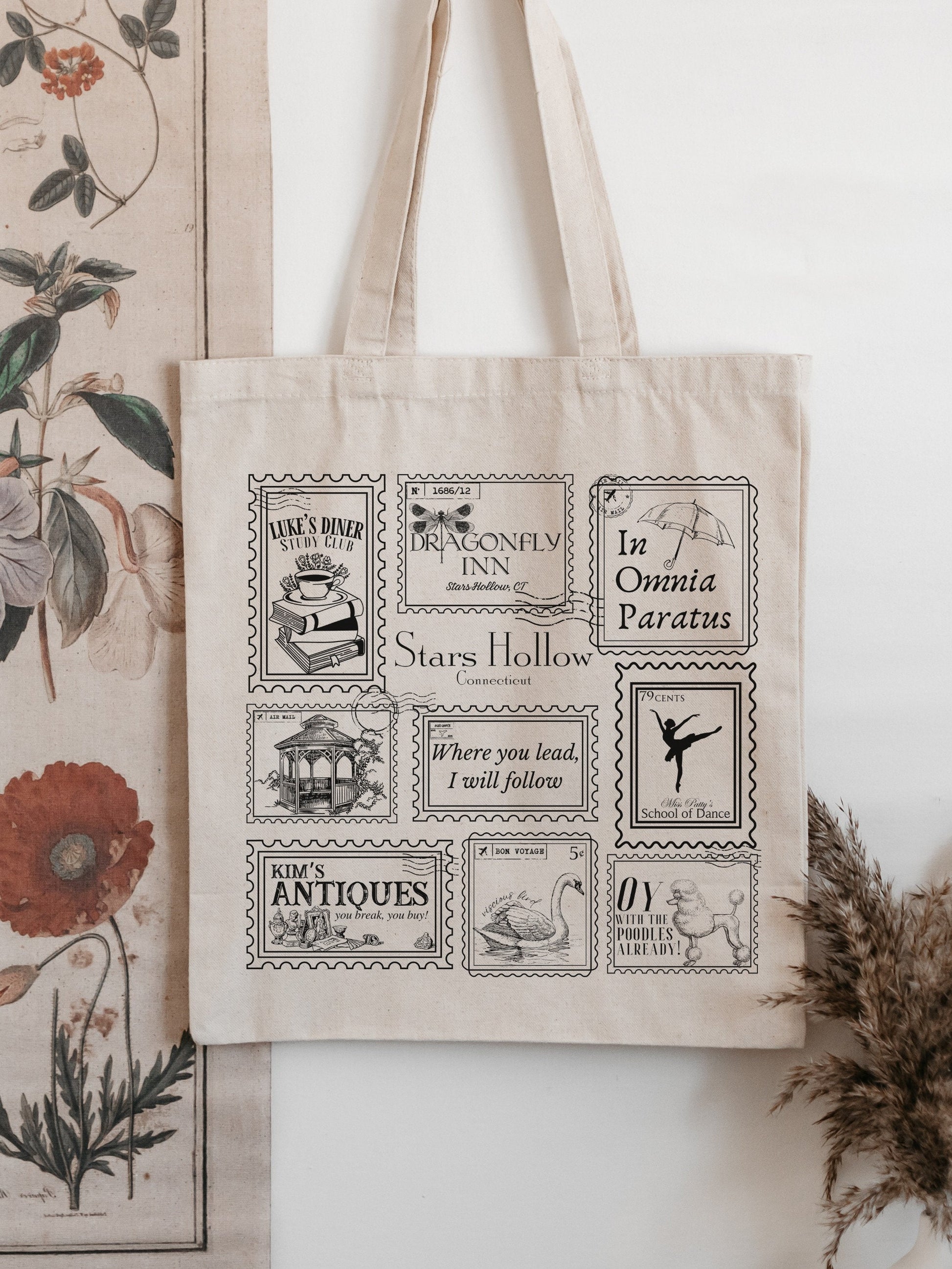 Stars Hollow Stamp Collection Canvas Tote Bag * Luke's Diner Dragonfly Inn In Omnia Paratus Postcard Book Lover Fandom Merch Bookish Gift