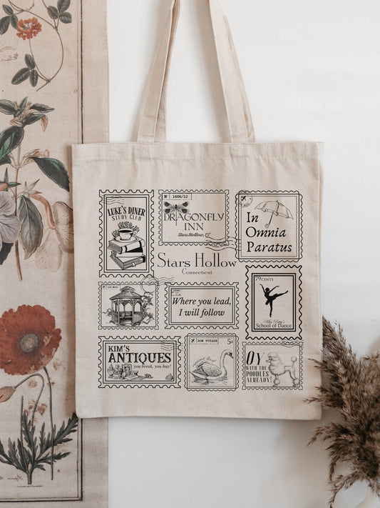 Stars Hollow Stamp Collection Canvas Tote Bag * Luke's Diner Dragonfly Inn In Omnia Paratus Postcard Book Lover Fandom Merch Bookish Gift