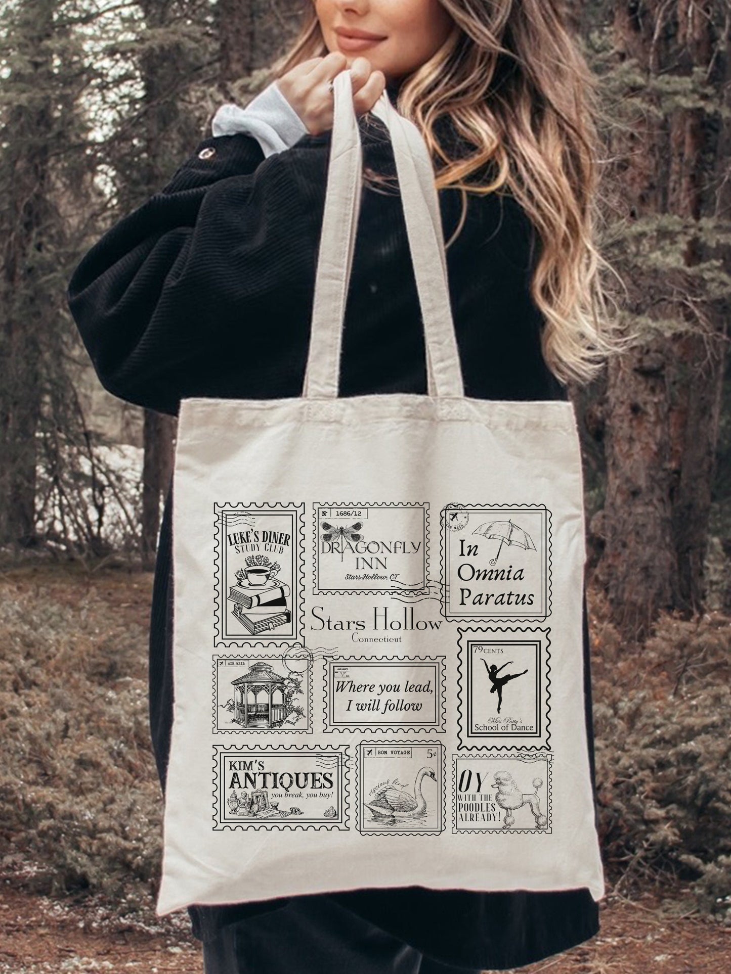 Stars Hollow Stamp Collection Canvas Tote Bag * Luke's Diner Dragonfly Inn In Omnia Paratus Postcard Book Lover Fandom Merch Bookish Gift