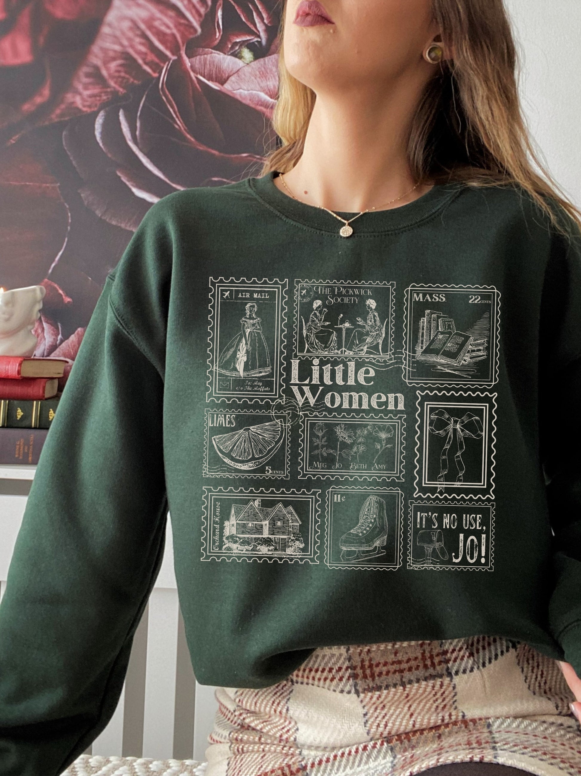 Little Women Literary Stamp Collection Sweatshirt * Cottagecore March Sisters Meg Jo Beth Amy Greetings Orchard House Fandom Merch Bookish