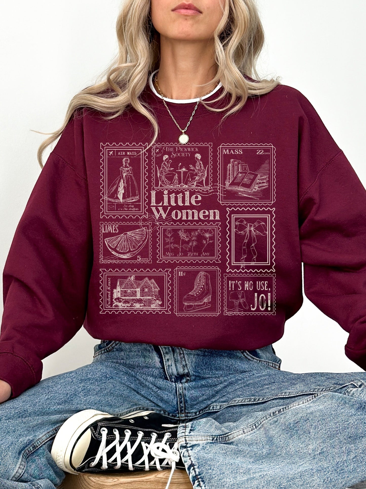 Little Women Literary Stamp Collection Sweatshirt * Cottagecore March Sisters Meg Jo Beth Amy Greetings Orchard House Fandom Merch Bookish