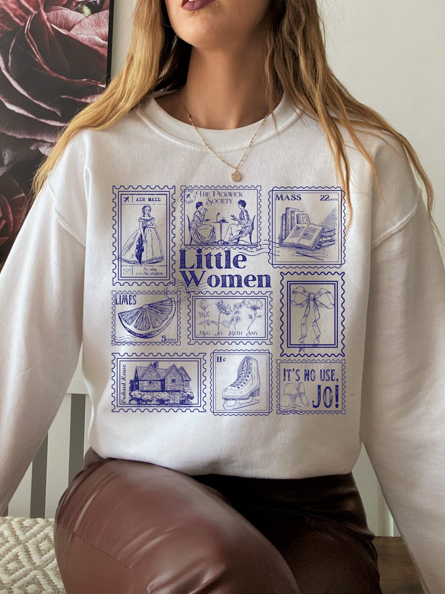 Little Women Literary Stamp Collection Sweatshirt * Cottagecore March Sisters Meg Jo Beth Amy Greetings Orchard House Fandom Merch Bookish