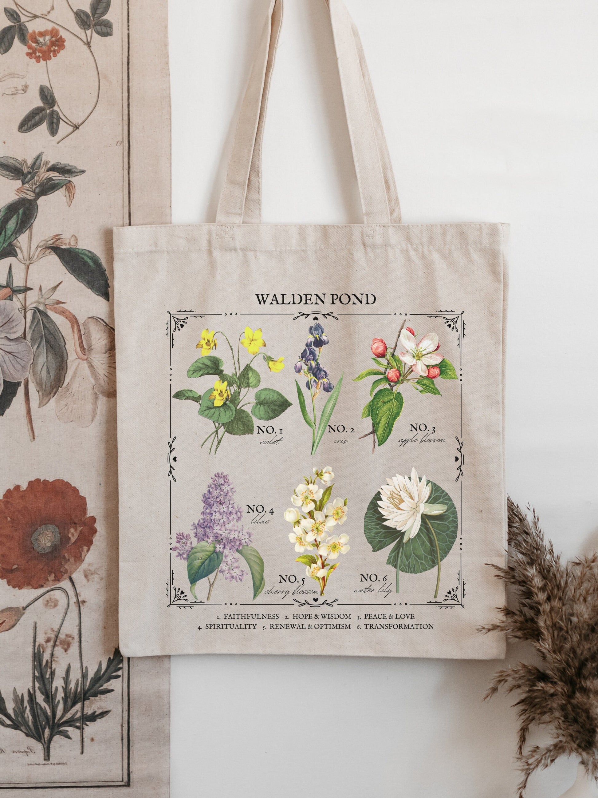 Walden Pond Thoreau Literary Floral Chart * Herbology Wild Flowers Tote Bag * Botanical Language of Flowers Cottagecore Bookish Gift Poet