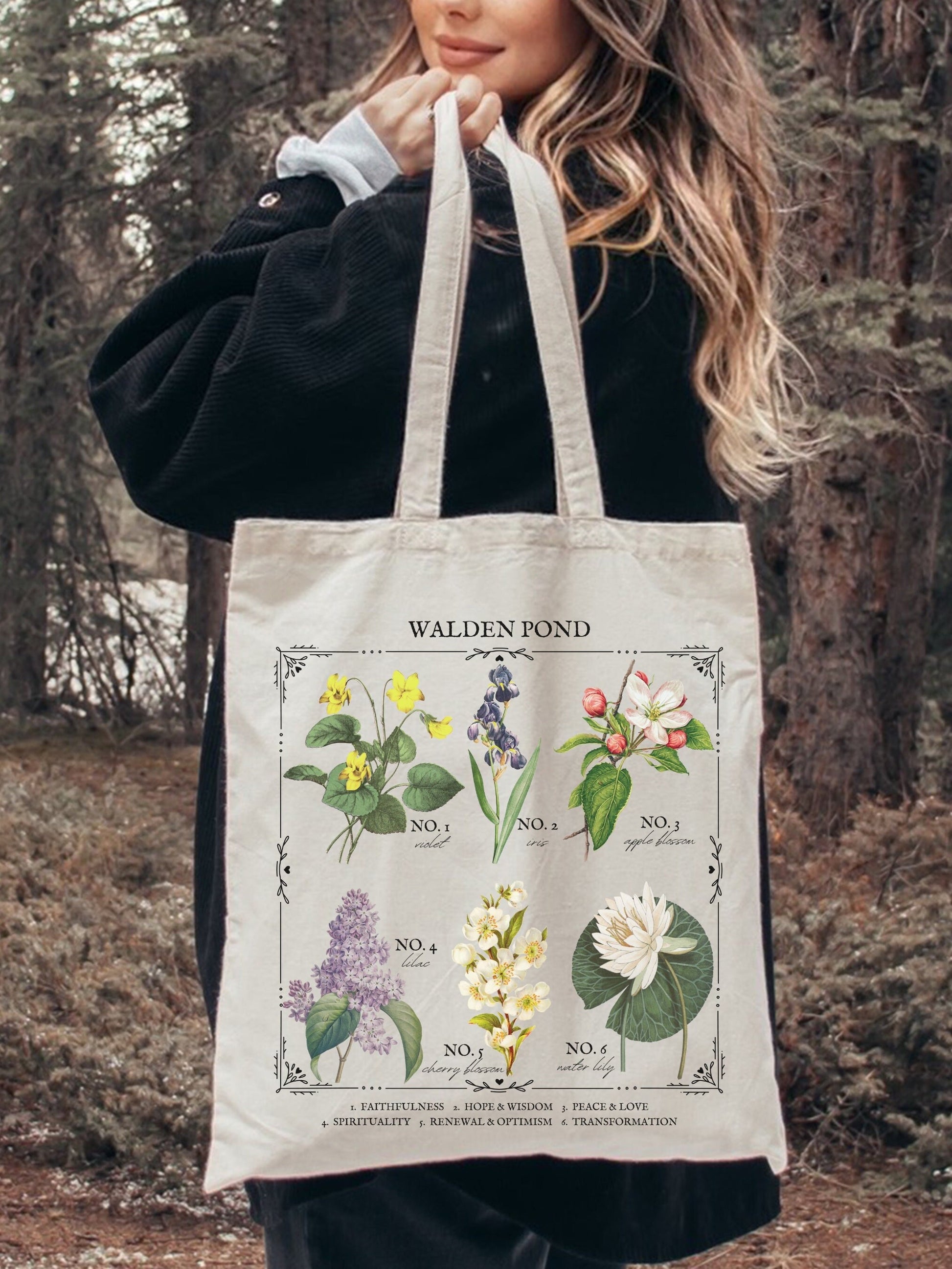 Walden Pond Thoreau Literary Floral Chart * Herbology Wild Flowers Tote Bag * Botanical Language of Flowers Cottagecore Bookish Gift Poet