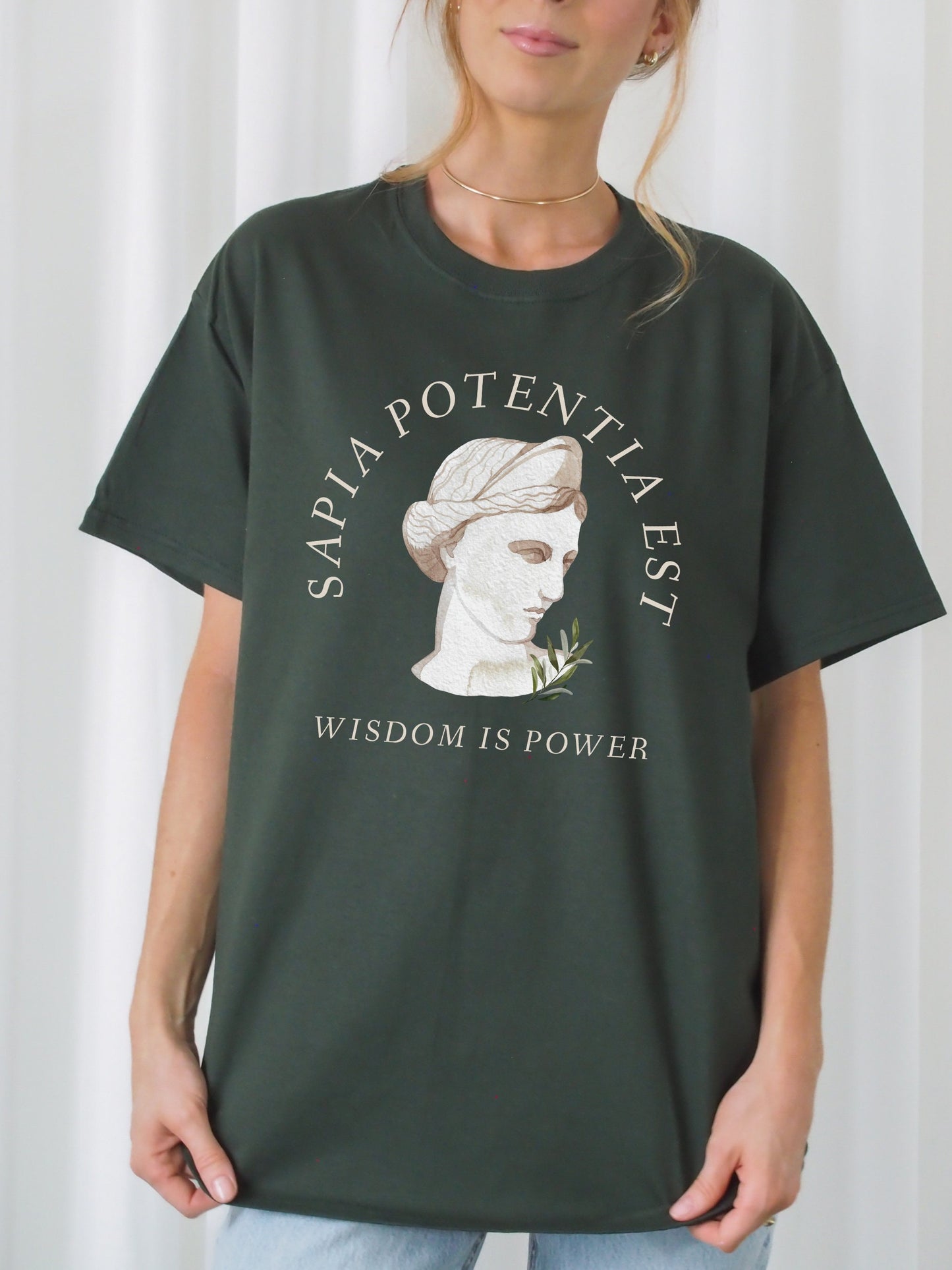 Athena Goddess Greek Mythology Latin Phrase Tee Shirt Sapia Potentia Est Wisdom is Power Dark Academia Aesthetic Witchy Wiccan Aesthetic