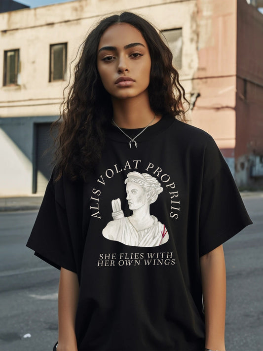 Artemis Goddess Greek Mythology Latin Phrase Tee Shirt Alis Volat Propriis Flies Wings Dark Academia Aesthetic Witchy Wiccan Artsy Aesthetic