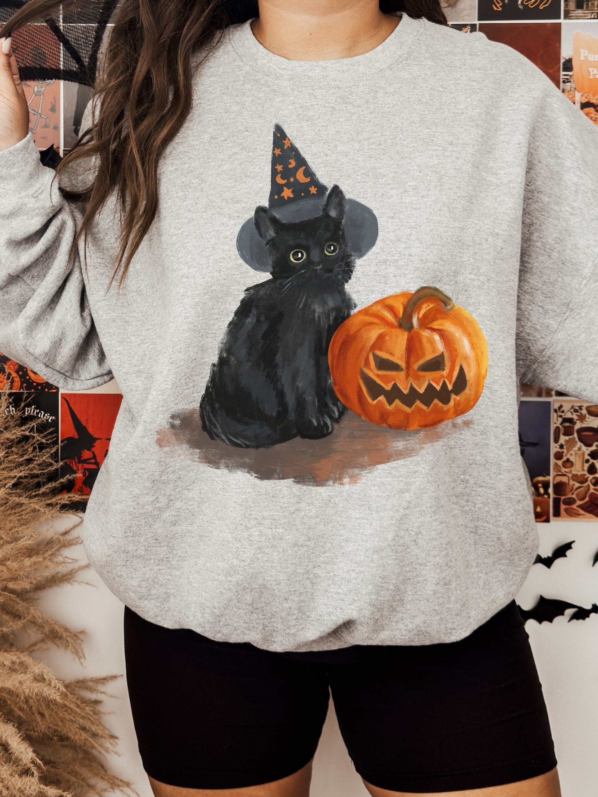 Halloween black cat vintage inspired sweatshirt trendy viral 90s retro pumpkin witchy aesthetic crewneck spooky hocus pocus salem girls trip