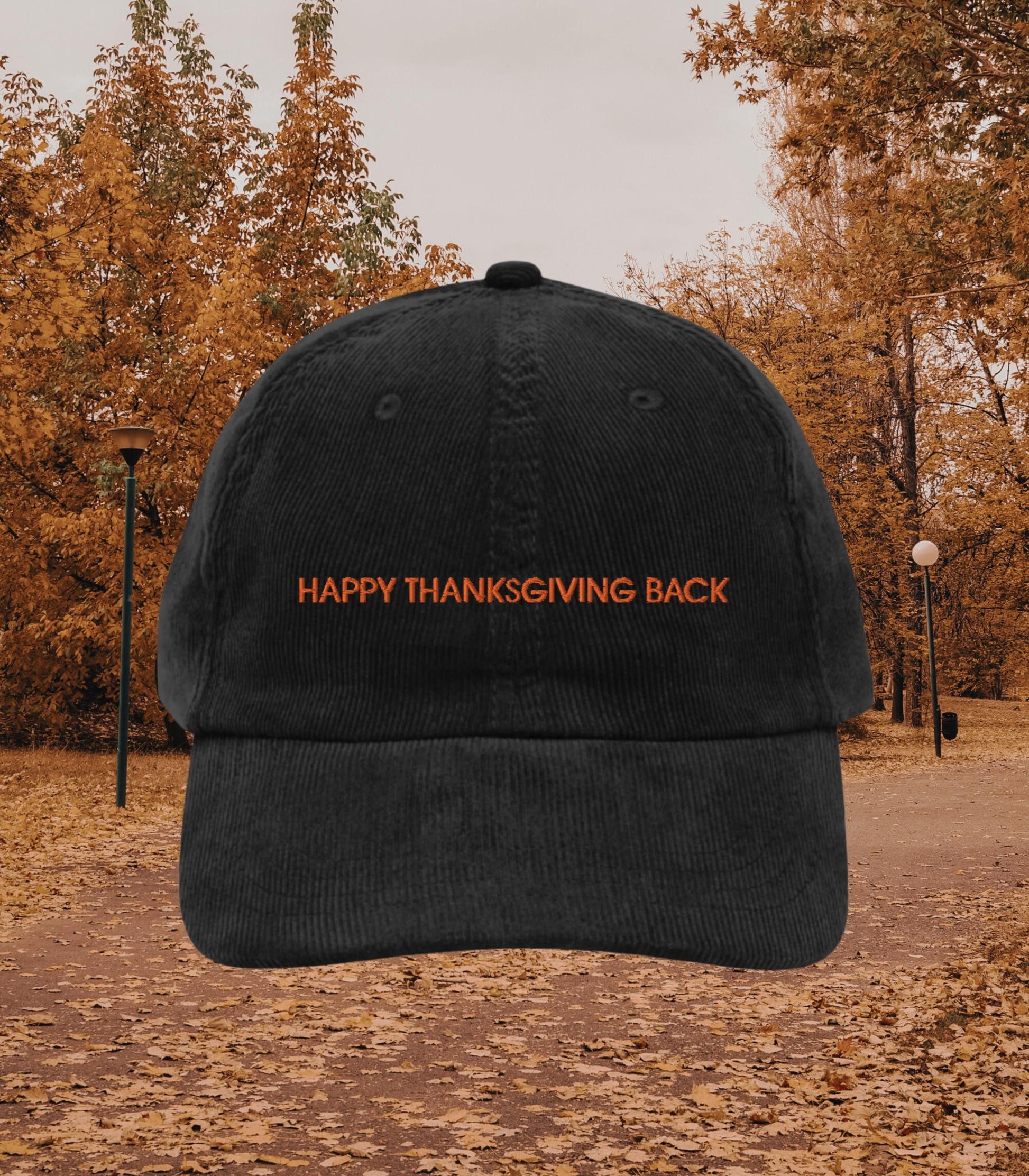 Happy Thanksgiving Back Corduroy Dad Hat * Nora Ephron You've Got Mail Kathleen Kelly NY152 Shopgirl