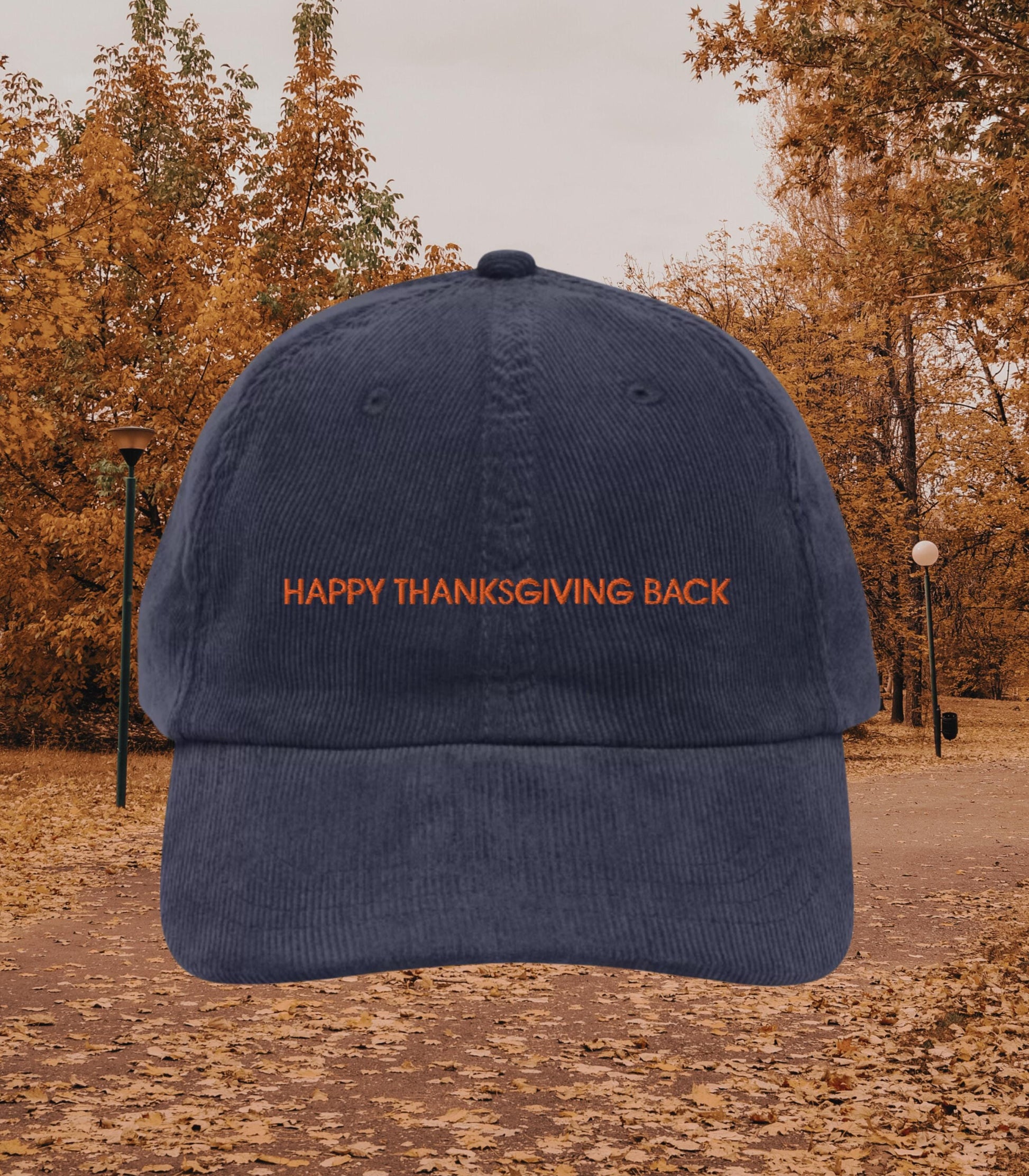 Happy Thanksgiving Back Corduroy Dad Hat * Nora Ephron You've Got Mail Kathleen Kelly NY152 Shopgirl