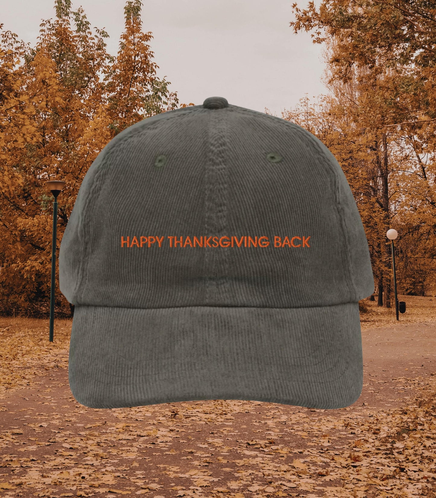 Happy Thanksgiving Back Corduroy Dad Hat * Nora Ephron You've Got Mail Kathleen Kelly NY152 Shopgirl