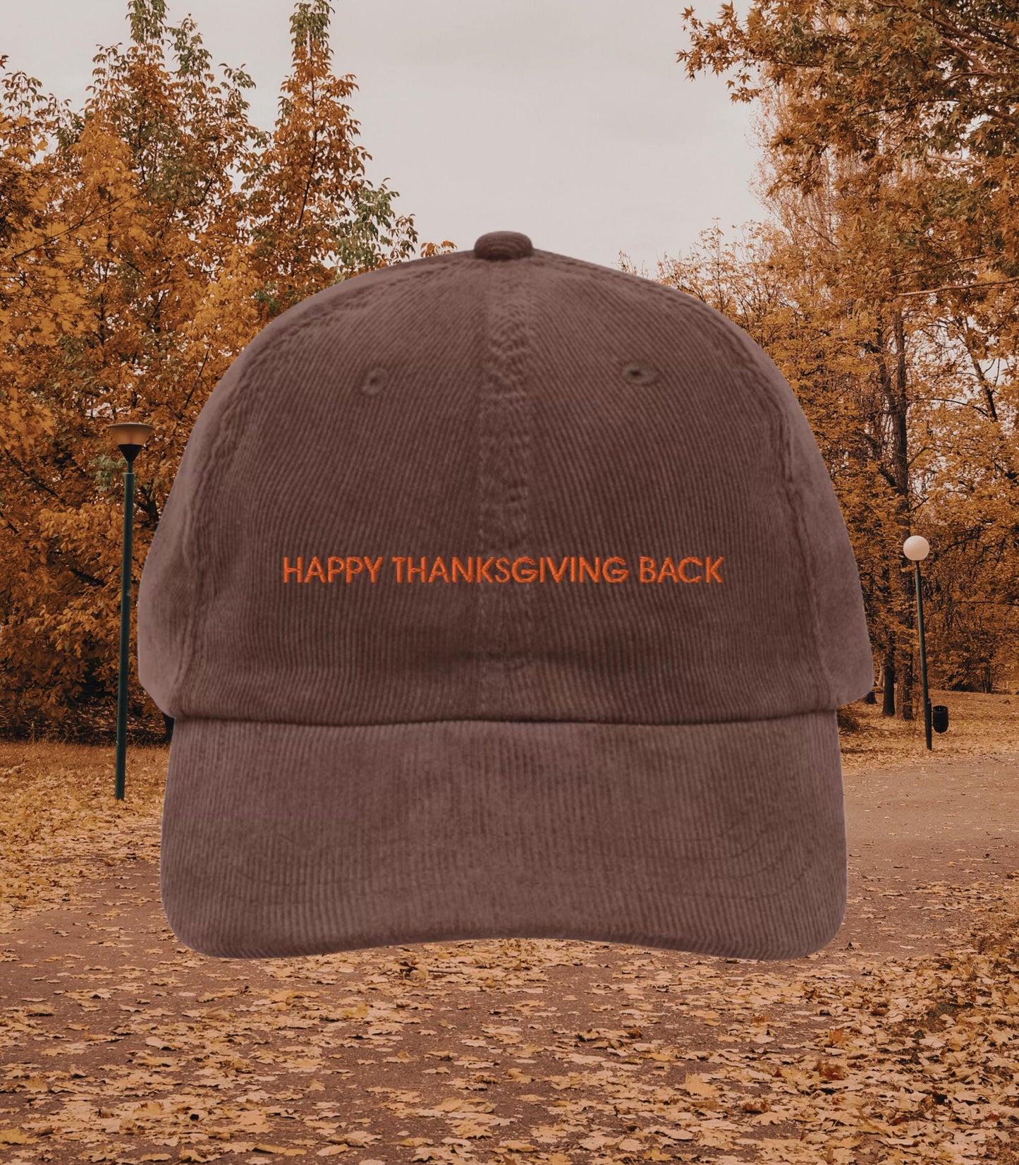 Happy Thanksgiving Back Corduroy Dad Hat * Nora Ephron You've Got Mail Kathleen Kelly NY152 Shopgirl