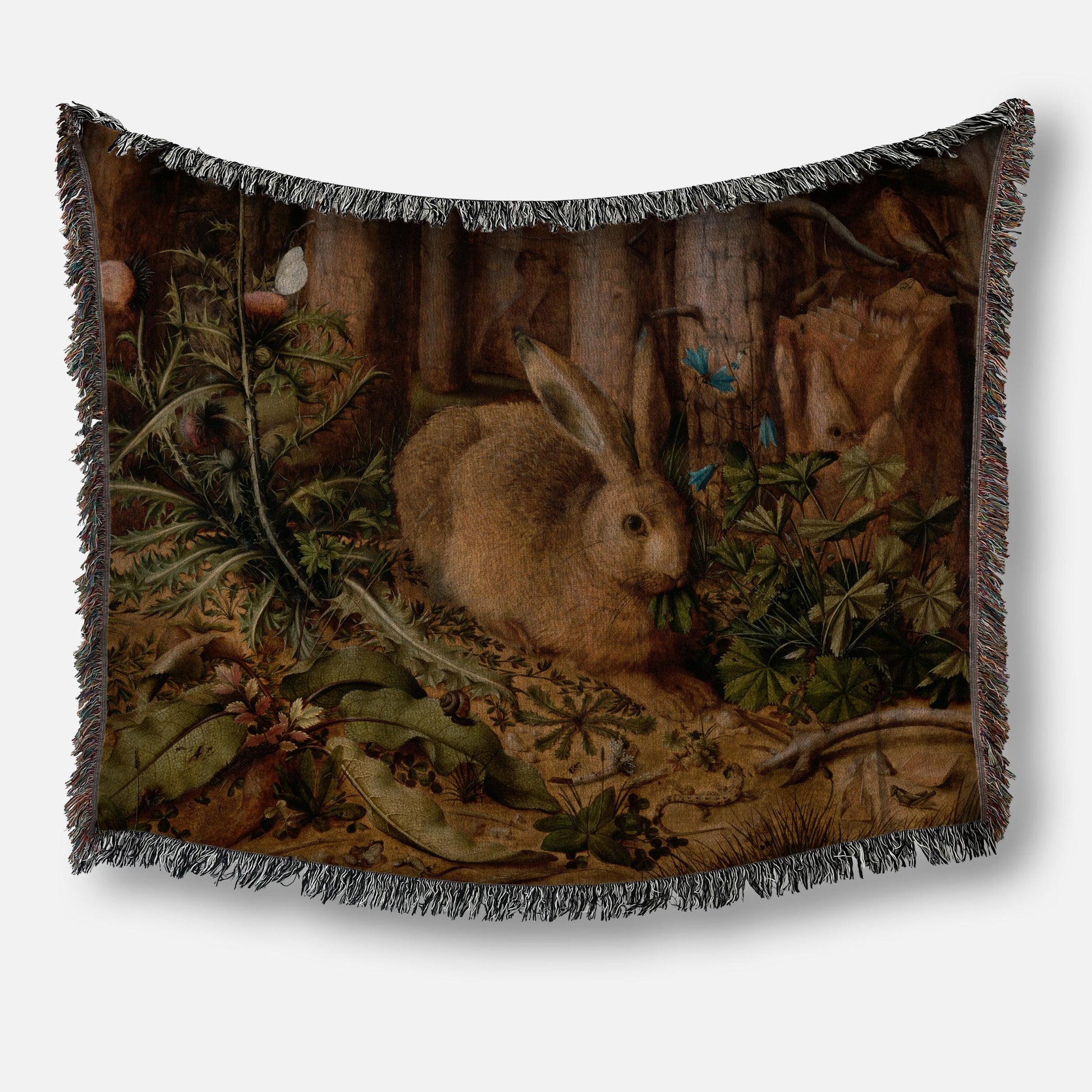 Hare in the Forest Woven Tapestry Cotton Blanket * Dark Academia Woodland Botanical Moody Floral Cozy Reading Throw * Housewarming Gift