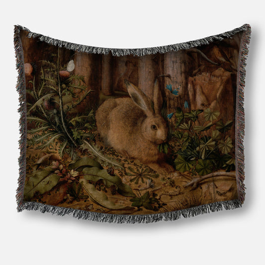 Hare in the Forest Woven Tapestry Cotton Blanket * Dark Academia Woodland Botanical Moody Floral Cozy Reading Throw * Housewarming Gift