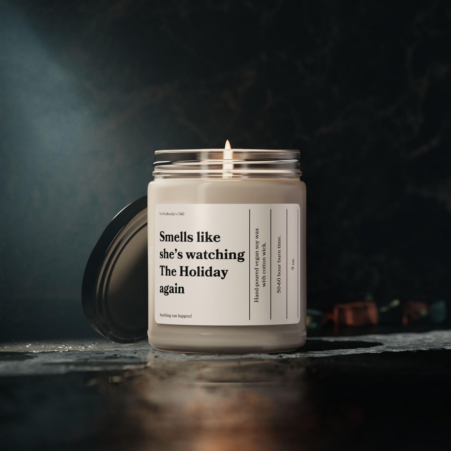 Smells like she's watching the holiday again soy candle * Romcom classic movie lover white elephant cozy hygge christmas best friend gift