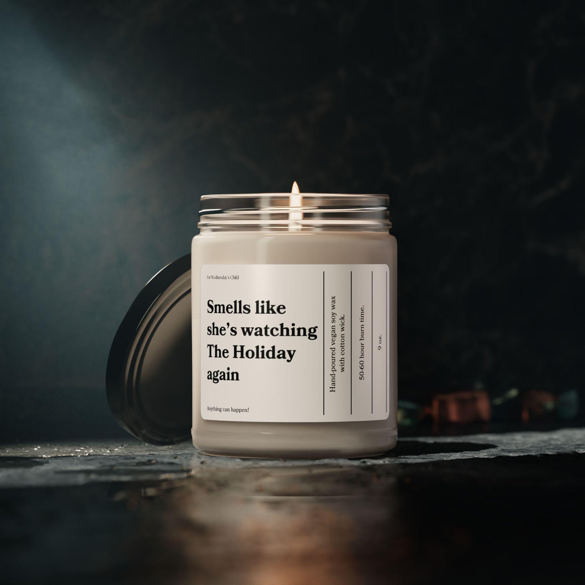 Smells like she's watching the holiday again soy candle * Romcom classic movie lover white elephant cozy hygge christmas best friend gift