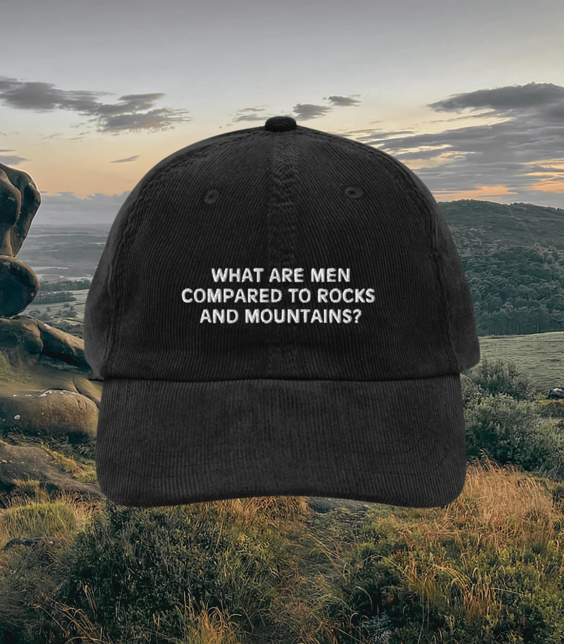Pride & Prejudice What are Men Embroidered Corduroy Hat * 20th anniversary Rocks Mountains Pemberley Darcy Jane Austen Merch Gift