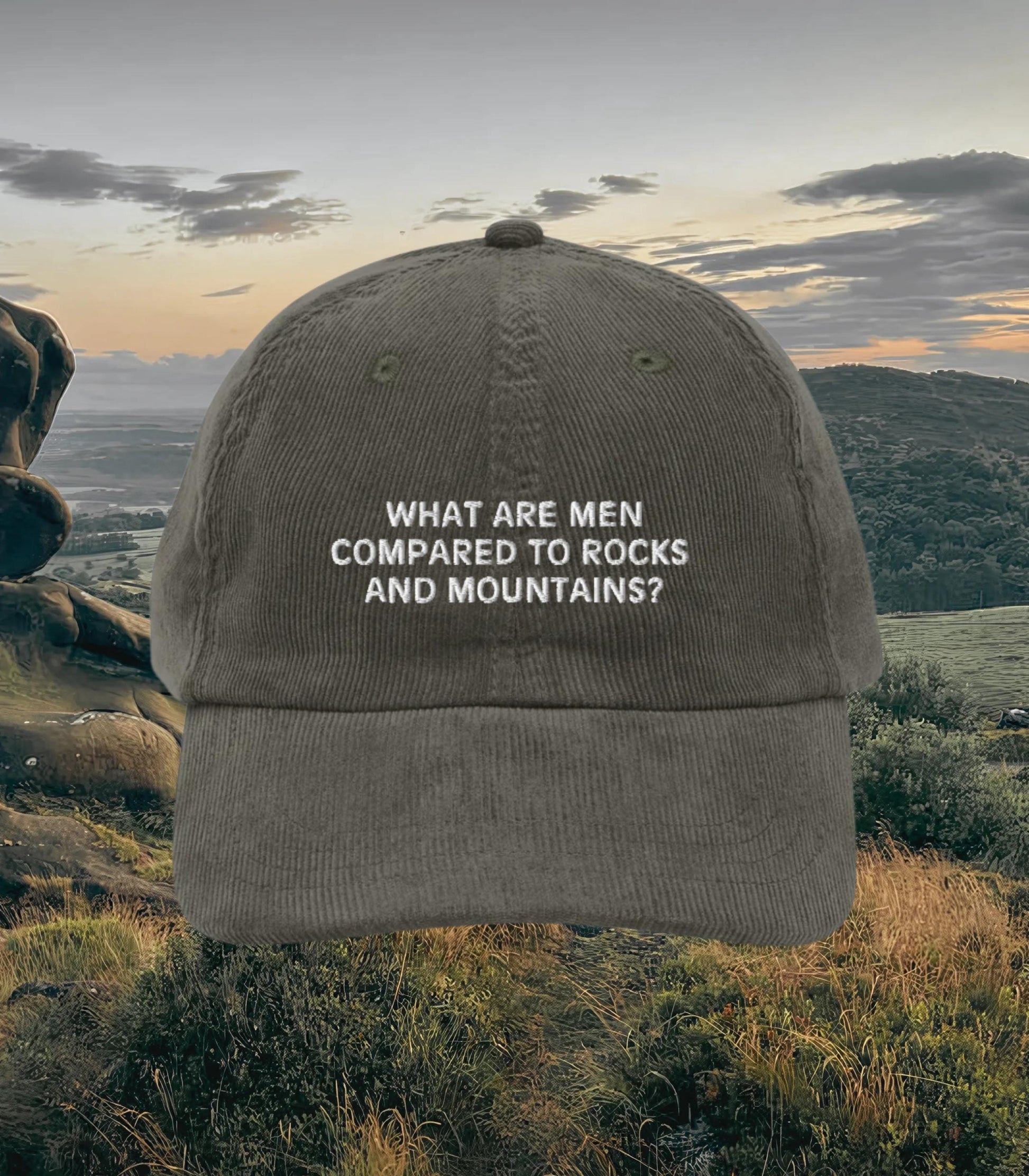 Pride & Prejudice What are Men Embroidered Corduroy Hat * 20th anniversary Rocks Mountains Pemberley Darcy Jane Austen Merch Gift