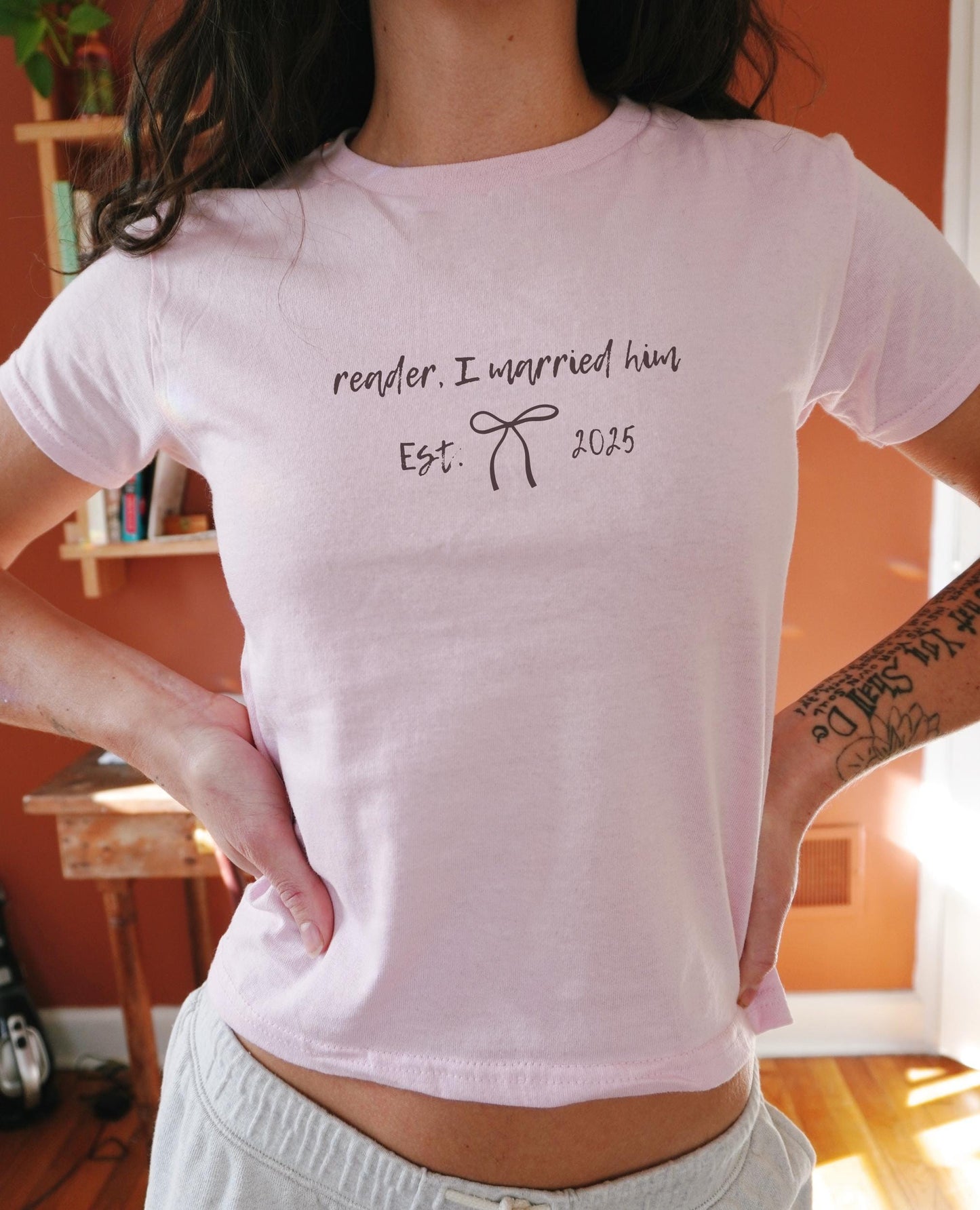 Jane Eyre Reader I Married Him Y2k Doodle Baby Tee * Coquette Bookish Bridal Personalized Wedding Shower Bachelorette Gift Future Bride