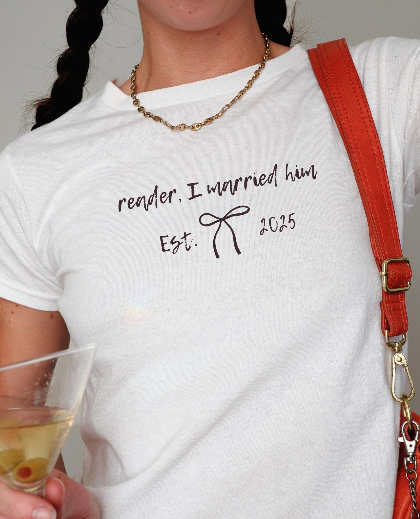 Jane Eyre Reader I Married Him Y2k Doodle Baby Tee * Coquette Bookish Bridal Personalized Wedding Shower Bachelorette Gift Future Bride