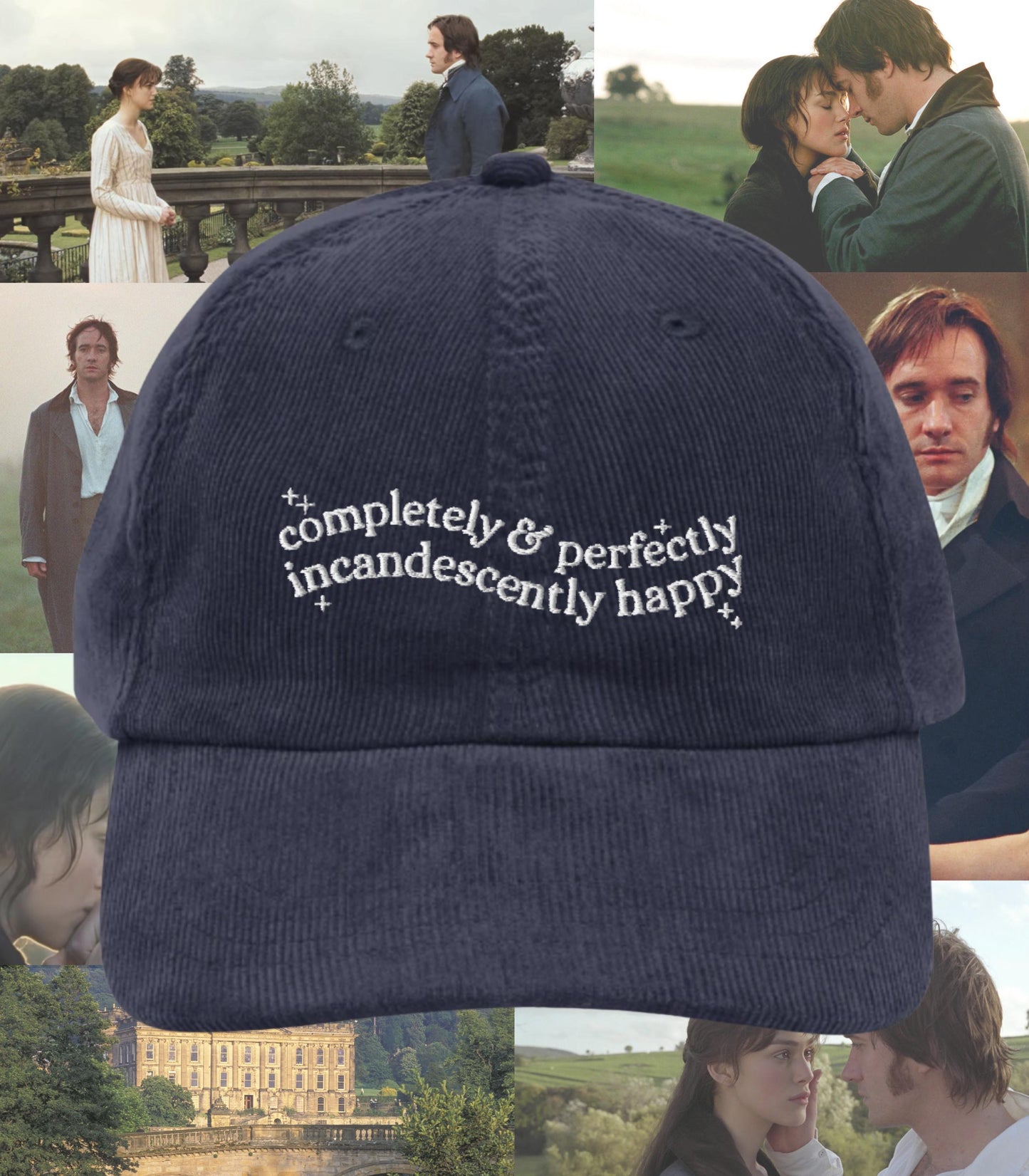 Pride & Prejudice Incandescently Happy Embroidered Corduroy Hat * 20th anniversary Pemberley Darcy Jane Austen Merch Gift
