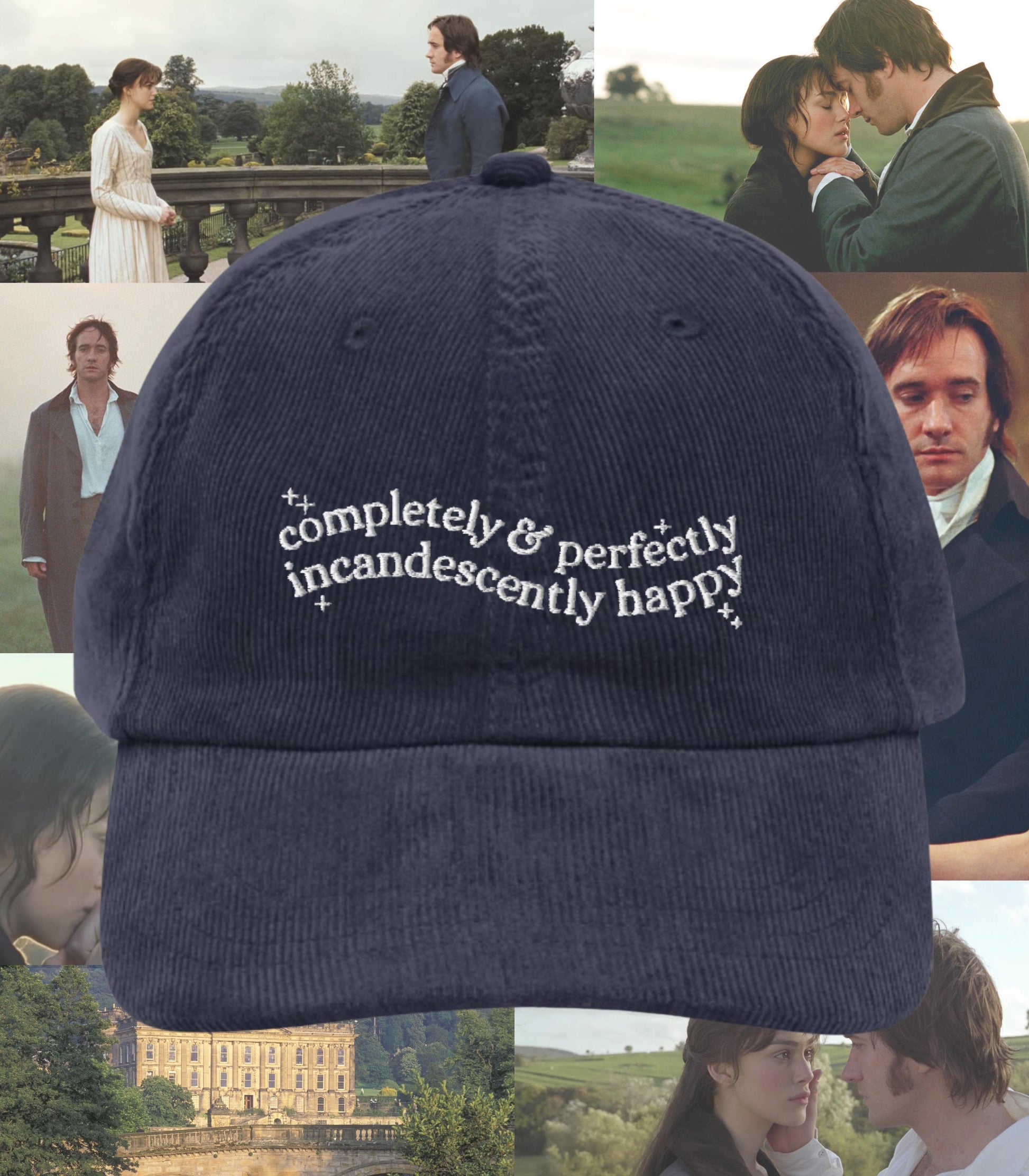 Pride & Prejudice Incandescently Happy Embroidered Corduroy Hat * 20th anniversary Pemberley Darcy Jane Austen Merch Gift