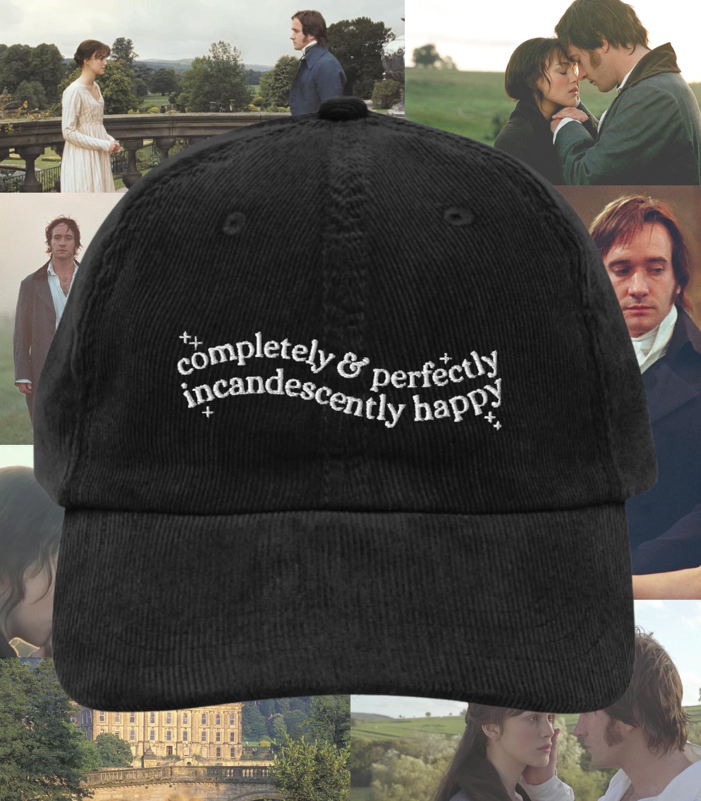 Pride & Prejudice Incandescently Happy Embroidered Corduroy Hat * 20th anniversary Pemberley Darcy Jane Austen Merch Gift
