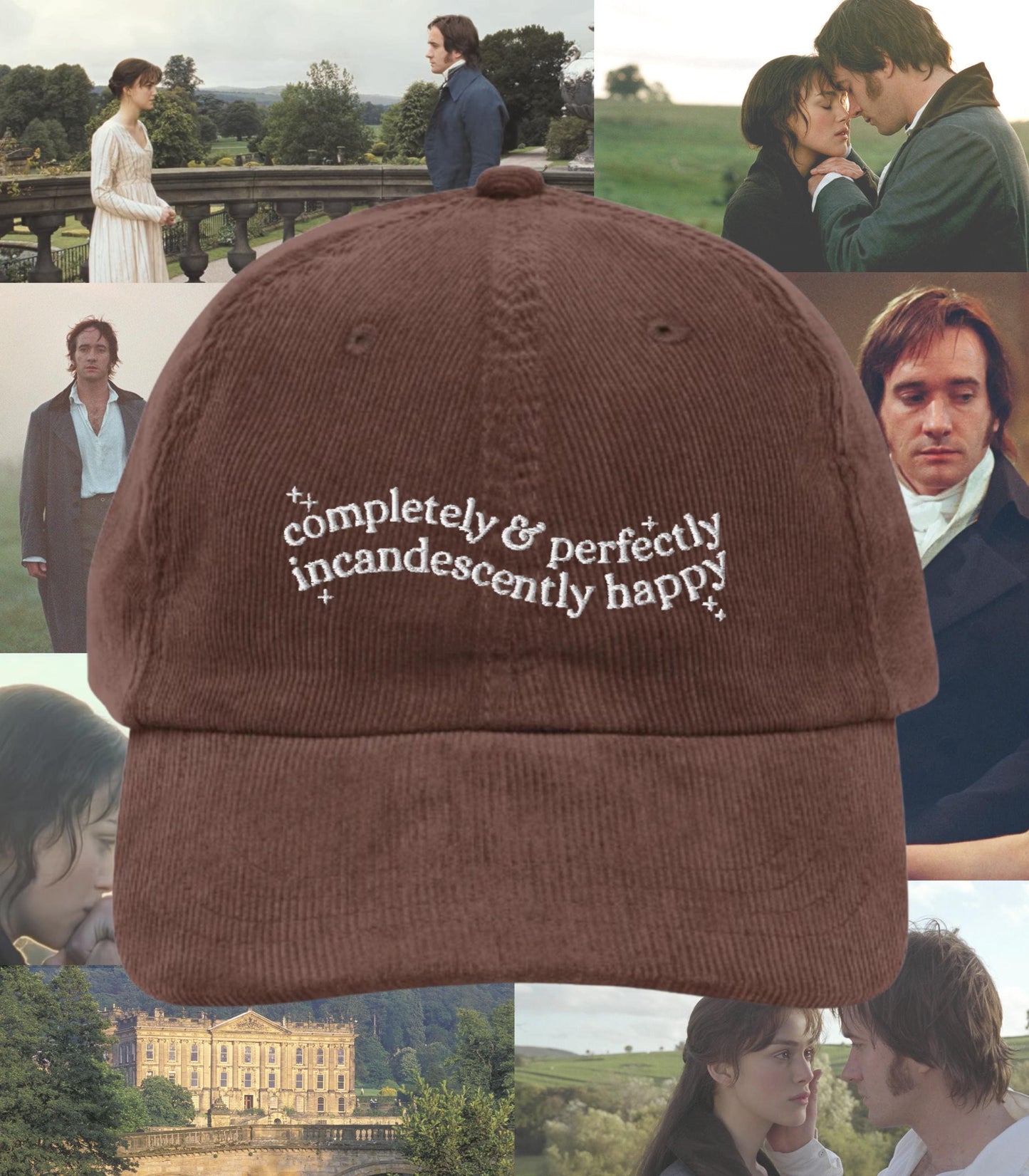 Pride & Prejudice Incandescently Happy Embroidered Corduroy Hat * 20th anniversary Pemberley Darcy Jane Austen Merch Gift