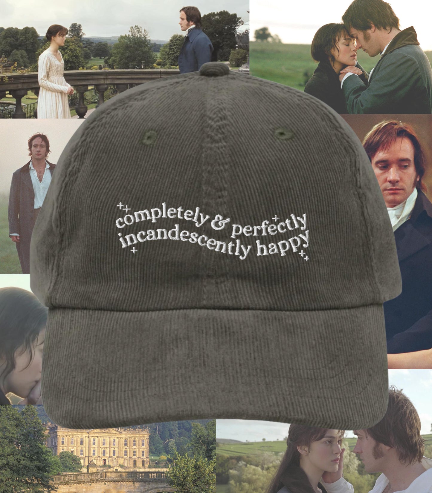 Pride & Prejudice Incandescently Happy Embroidered Corduroy Hat * 20th anniversary Pemberley Darcy Jane Austen Merch Gift