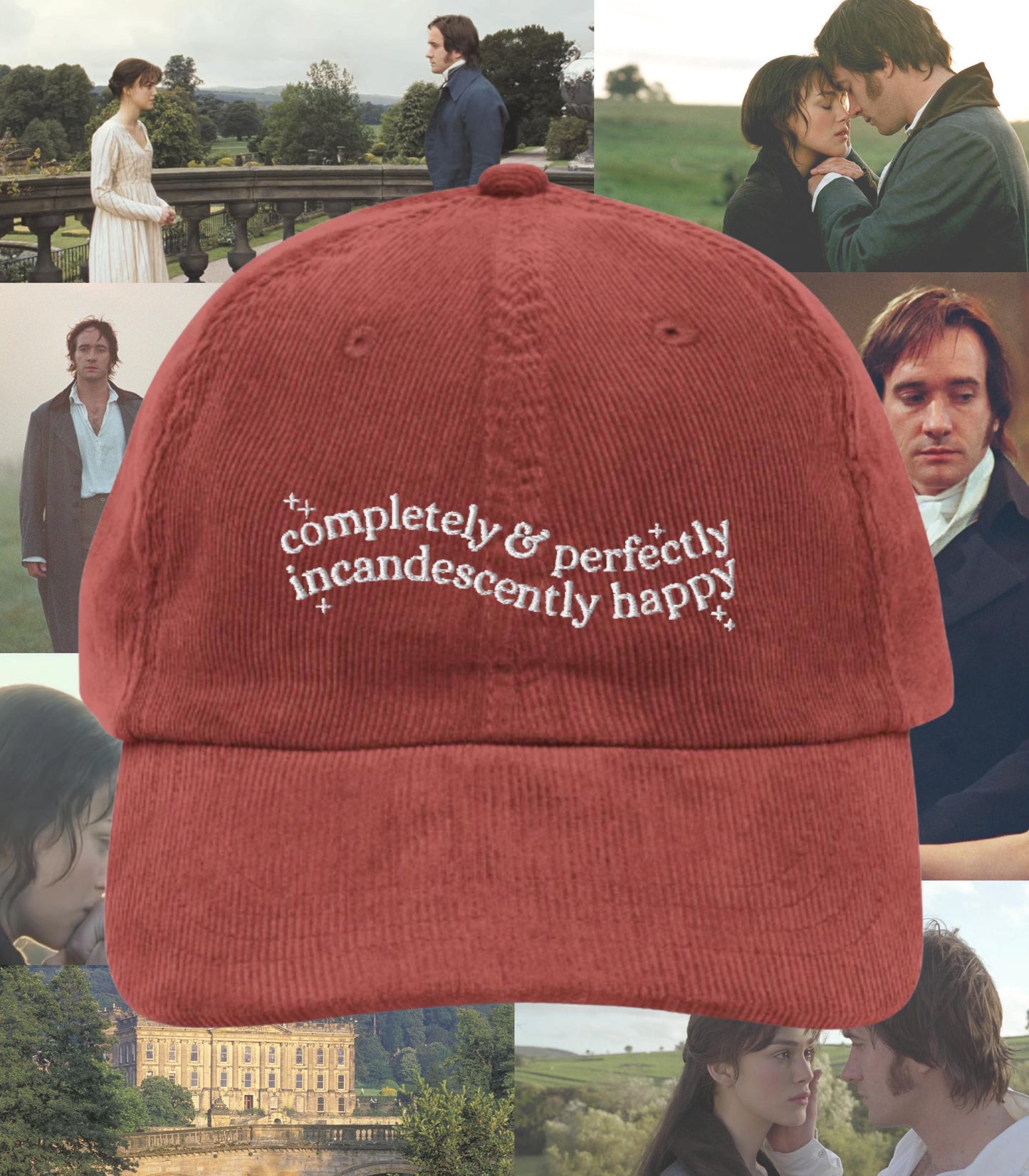 Pride & Prejudice Incandescently Happy Embroidered Corduroy Hat * 20th anniversary Pemberley Darcy Jane Austen Merch Gift
