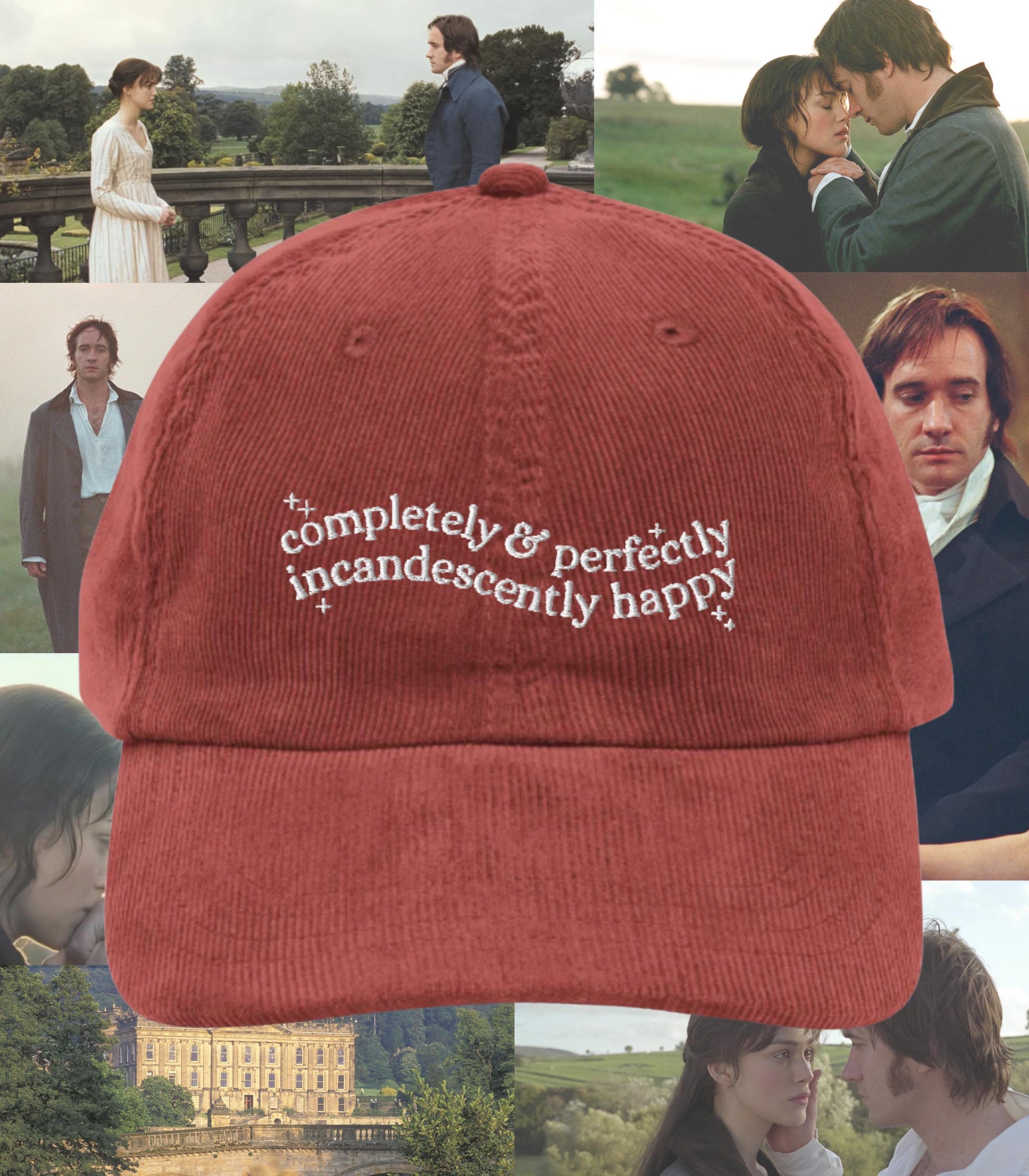 Pride & Prejudice Incandescently Happy Embroidered Corduroy Hat * 20th anniversary Pemberley Darcy Jane Austen Merch Gift