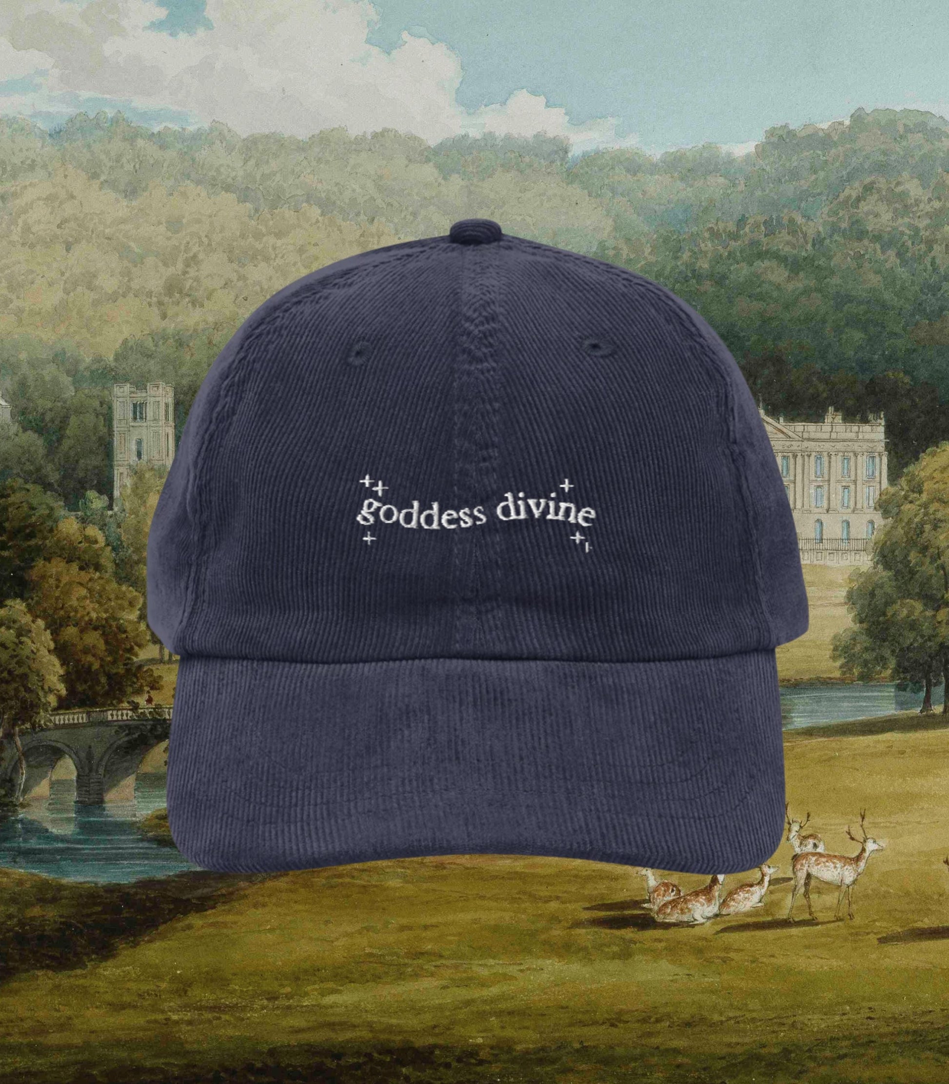Pride & Prejudice Goddess Divine Regency Romance Embroidered Corduroy Baseball Hat * Darcy 20th anniversary Jane Austen Merch Gift Idea