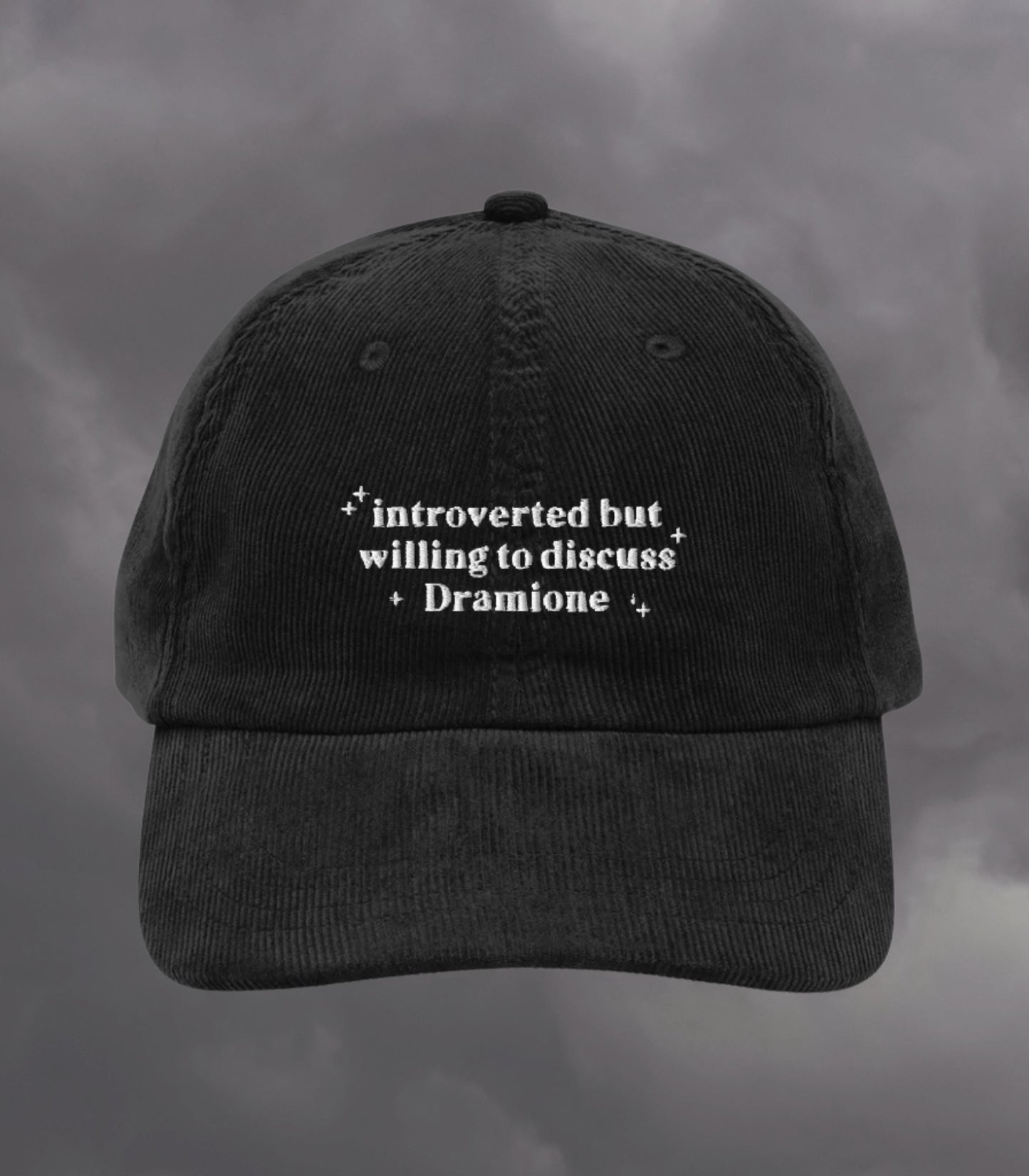 Introverted but willing to discuss Dramione Embroidered Corduroy Dad Hat * High Reeve Manacled Marauders Dark Romance Reader Bookish Gift