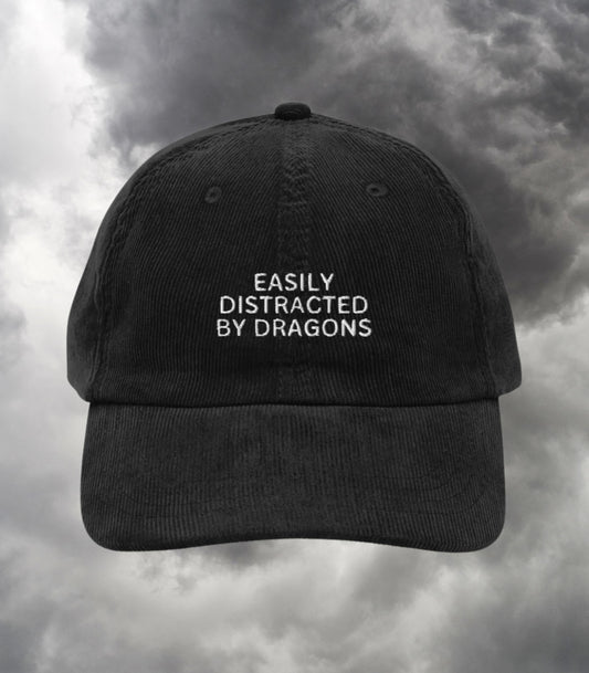 Easily Distracted by Dragons Funny Bookish Embroidered Corduroy Dad Hat * Fourth Wing Wingleader Xaden Violet Violent Little Thing Merch
