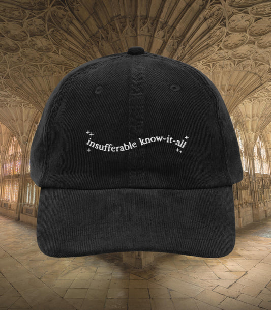 Insufferable know it all embroidered corduroy dad hat turn to page 394 wizard school marauders dark academia sirius remus bookish grad gift