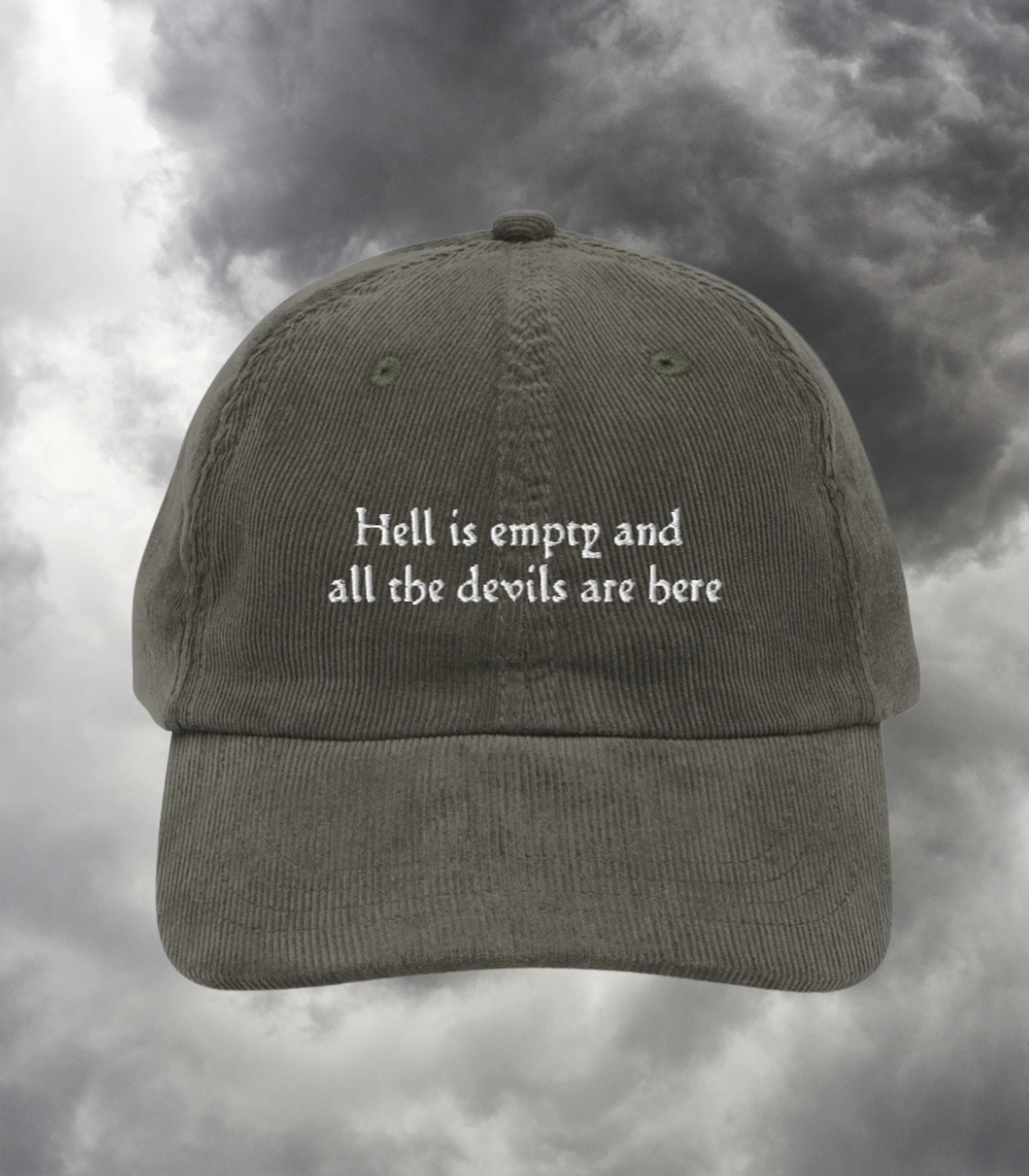 Hell is Empty and all the Devils are Here Emo Embroidered Corduroy Hat * Bookish Shatter Me Aaron Warner Shakespeare Tempest Sector 45