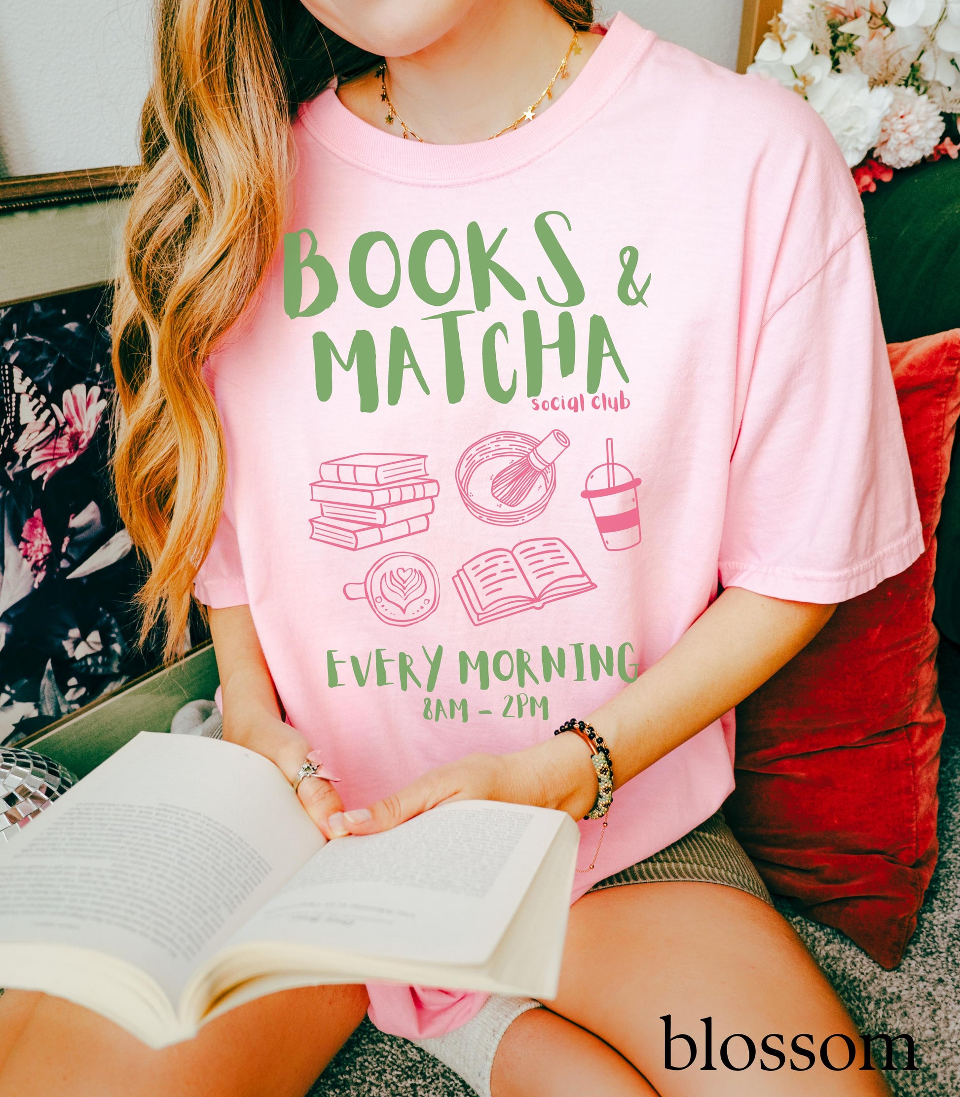 Books and Matcha Social Club Comfort Colors Tee * Matcha Gift Tea Book Lover Coffee Aesthetic Book Club Tshirt Bookworm Bookish Booktok