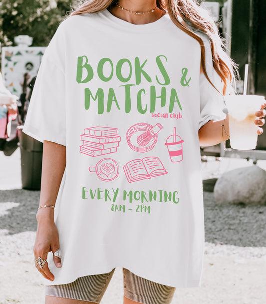 Books and Matcha Social Club Comfort Colors Tee * Matcha Gift Tea Book Lover Coffee Aesthetic Book Club Tshirt Bookworm Bookish Booktok
