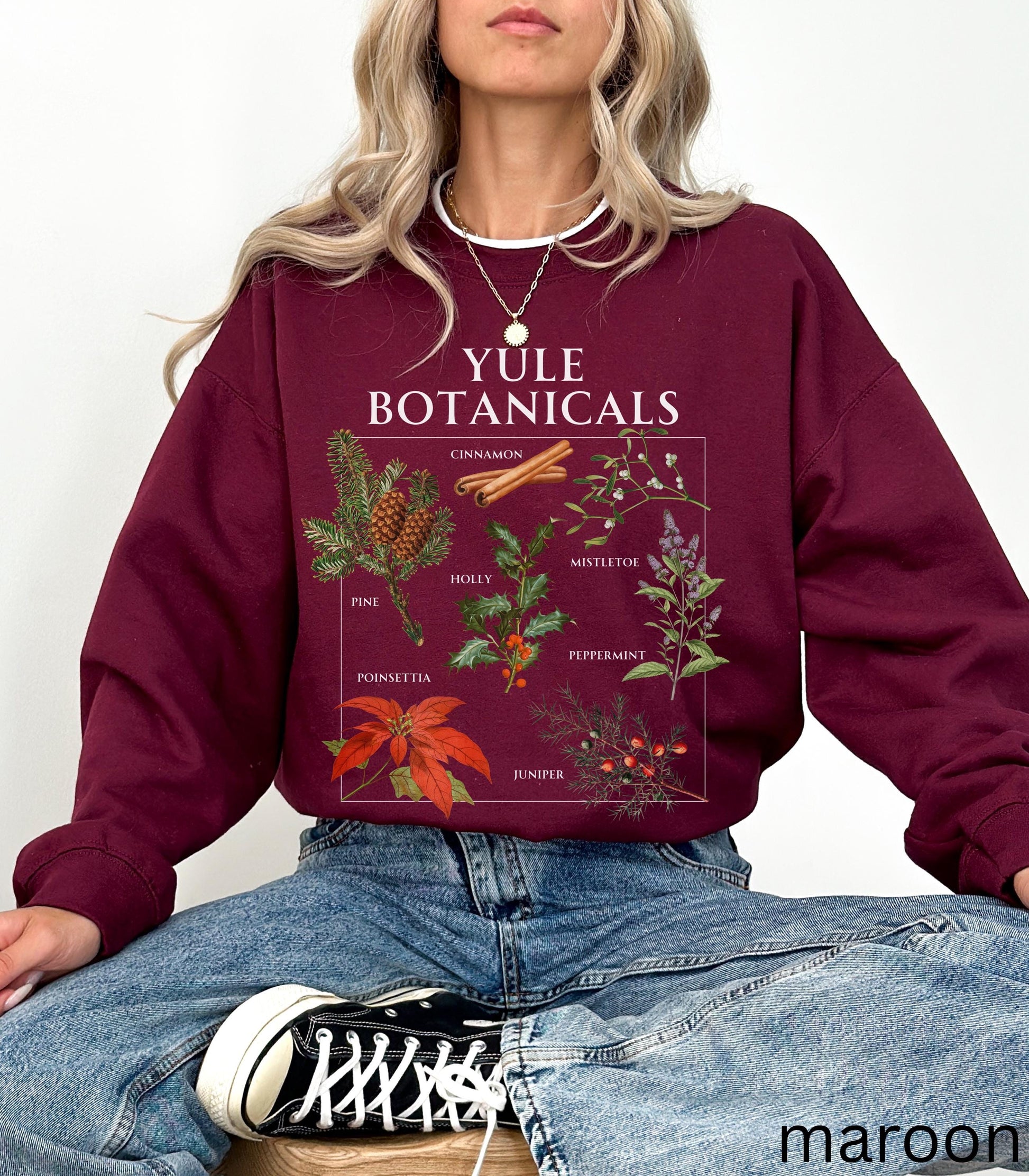 Yule Botanicals Wheel of the Year Green Witch Christmas Sweatshirt * Most Wonderful time of the year Holiday Gift Cute Cosy Christmas Tee