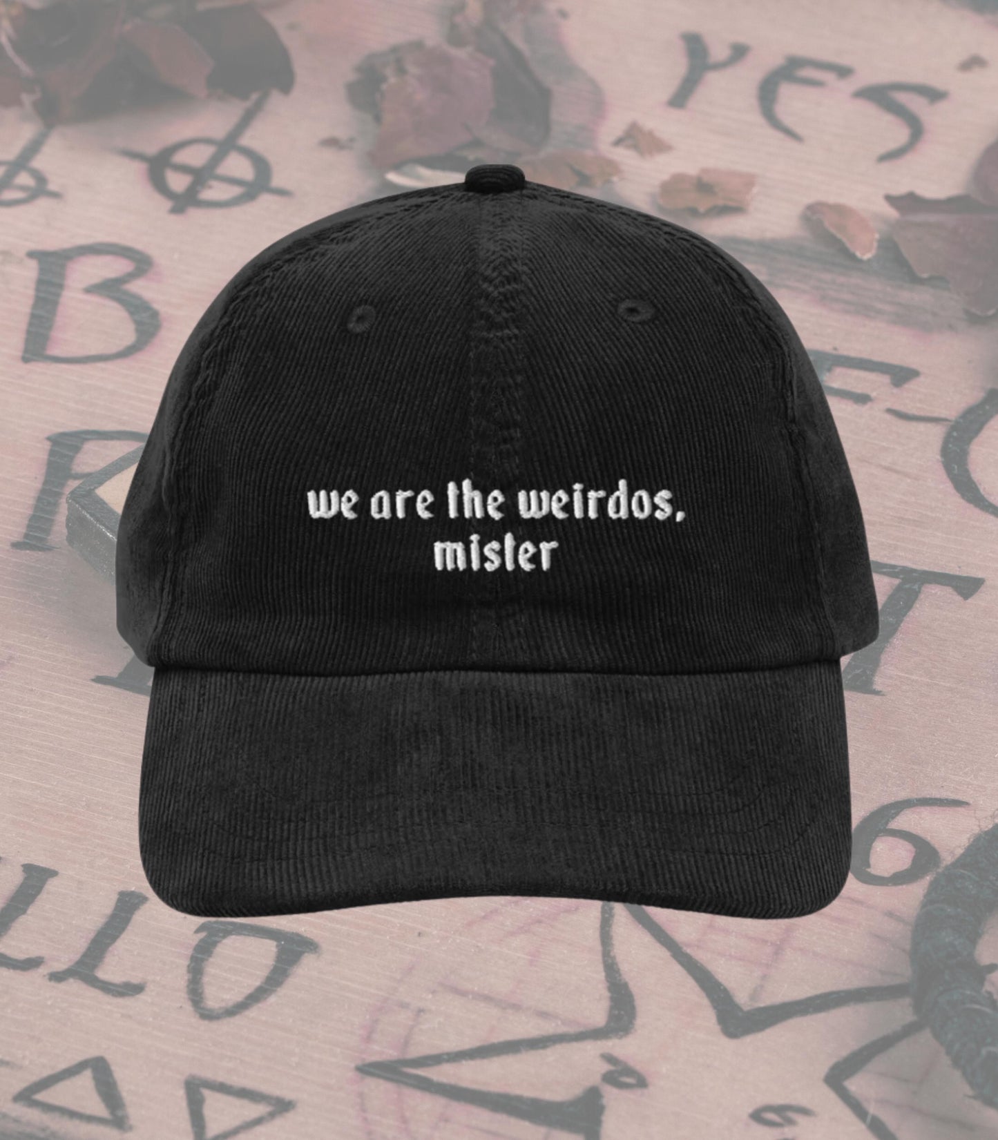 We are the Weirdos Craft Coven Subtle Halloween Aesthetic Embroidered Corduroy Hat * Nostalgia Retro 90s Whimsigoth Boo Basket Gift Idea