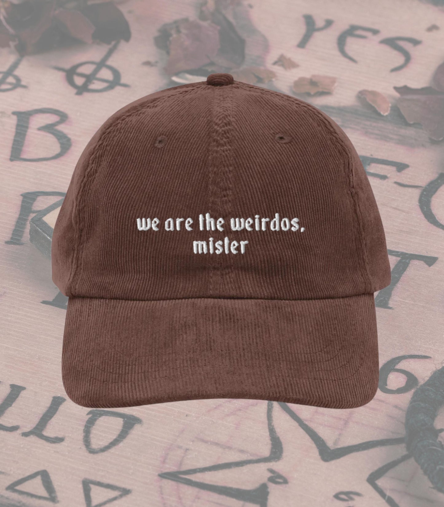 We are the Weirdos Craft Coven Subtle Halloween Aesthetic Embroidered Corduroy Hat * Nostalgia Retro 90s Whimsigoth Boo Basket Gift Idea